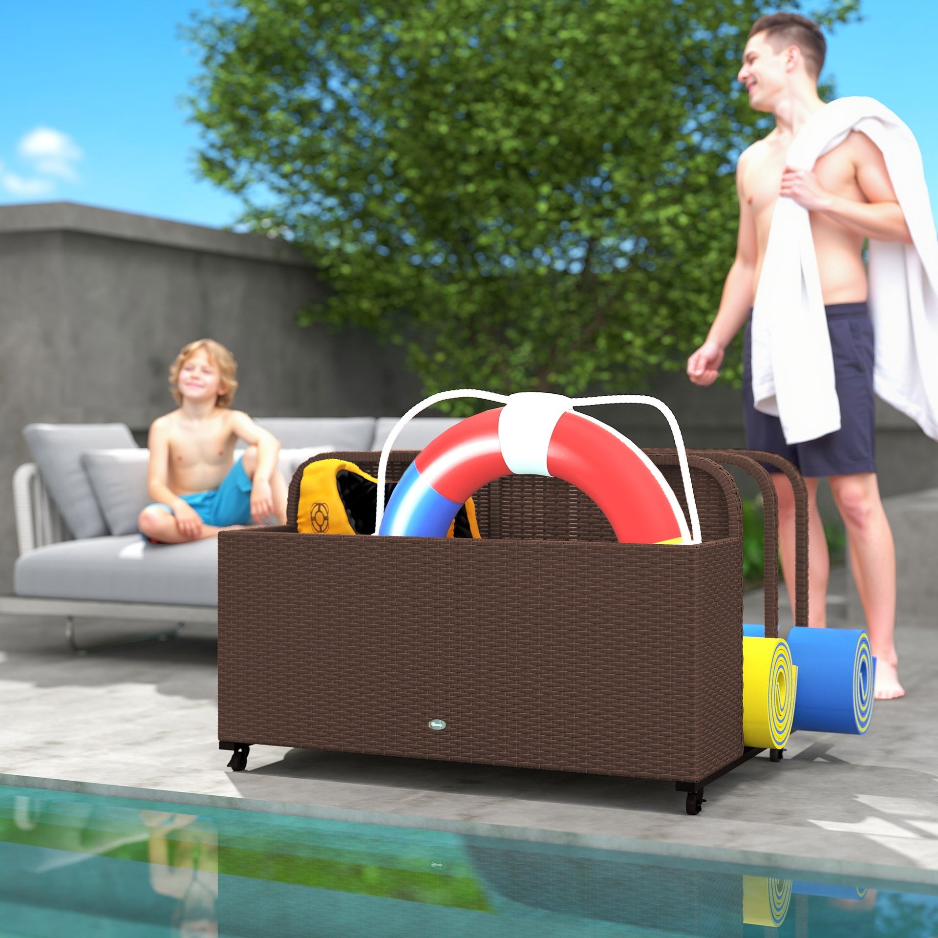 Outsunny PE Rattan Pool Float Storage Organizer with Wheels, Brown