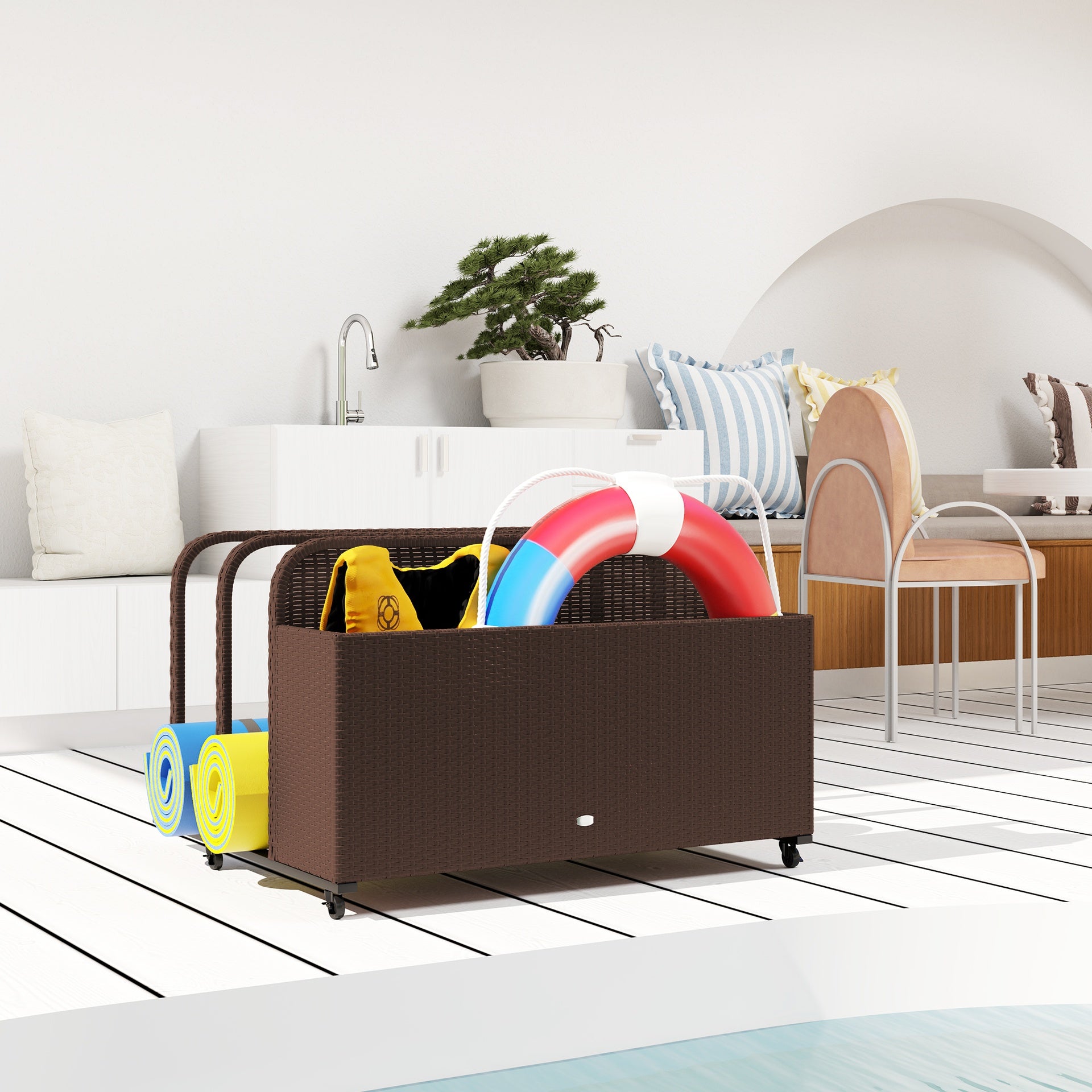 Outsunny PE Rattan Pool Float Storage Organizer with Wheels, Brown
