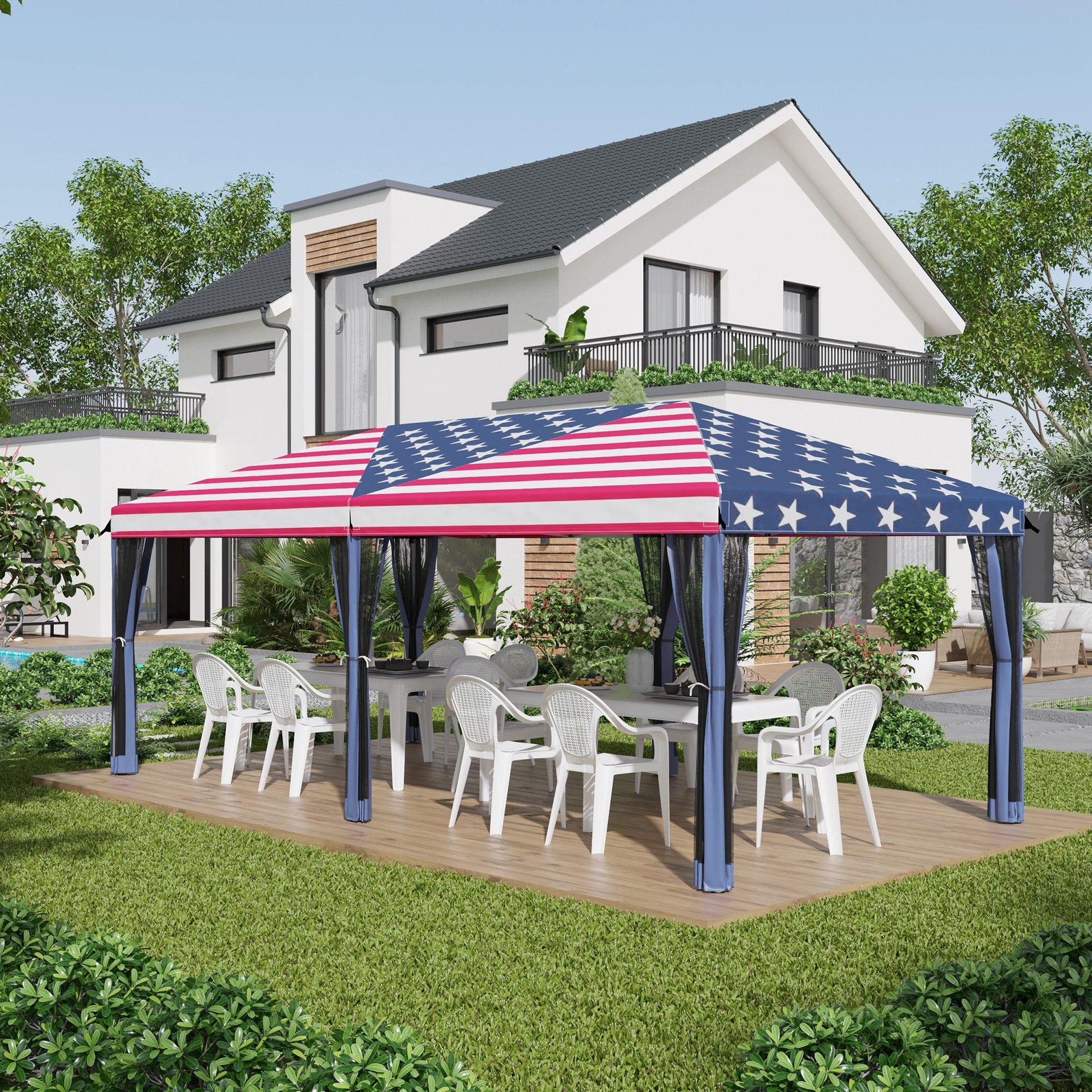 Outsunny 10'x20' Pop Up Party Tent Gazebo Wedding Canopy with 6 Sidewalls, American Flag