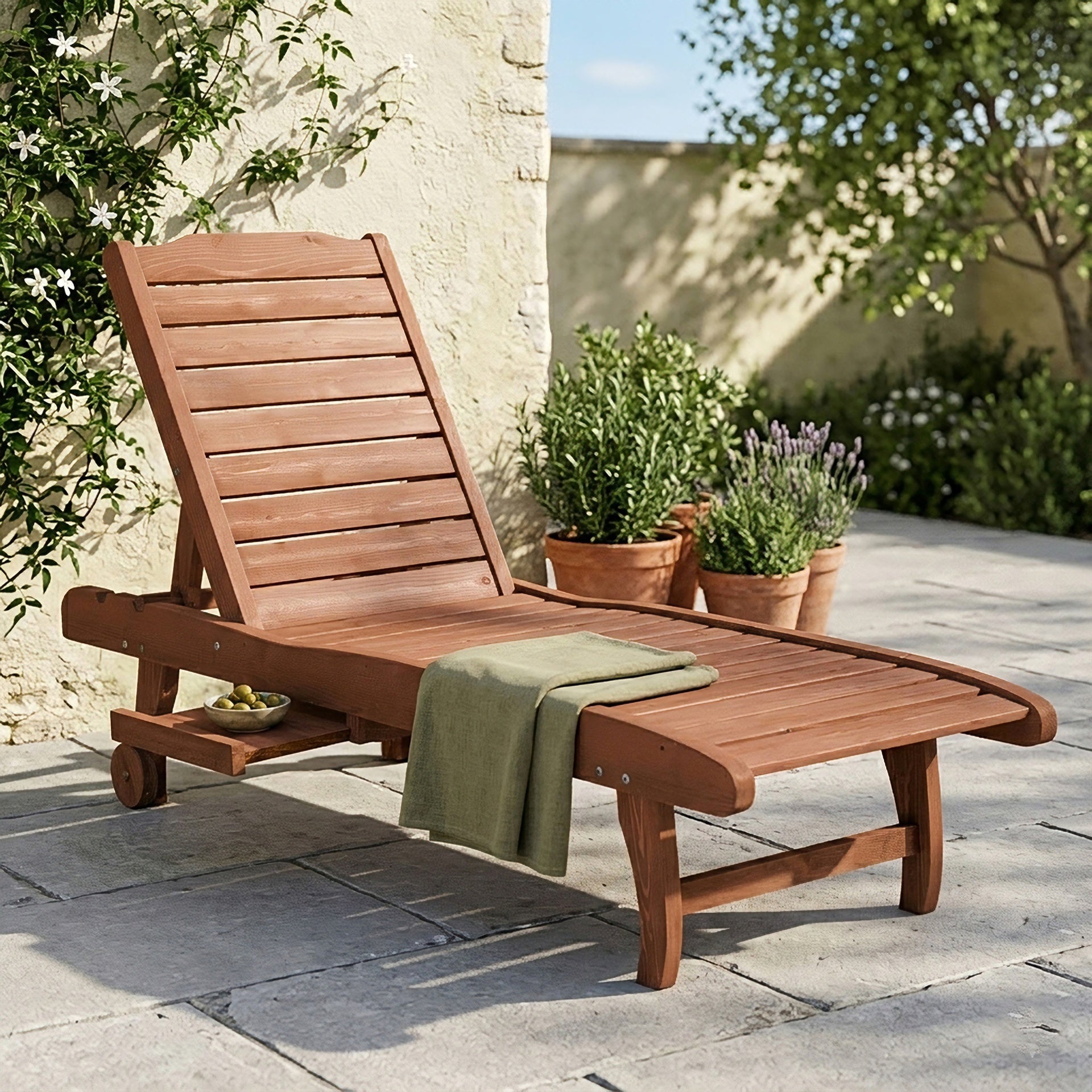 Outsunny Chaise Lounge Chair Outdoor Wooden Pool Lounge Chair with 3-level Adjustable Backrest, Built-In Table and Rolling Wheels, Sun Tanning Chair for Beach Poolside Sunbathing, Brown Red