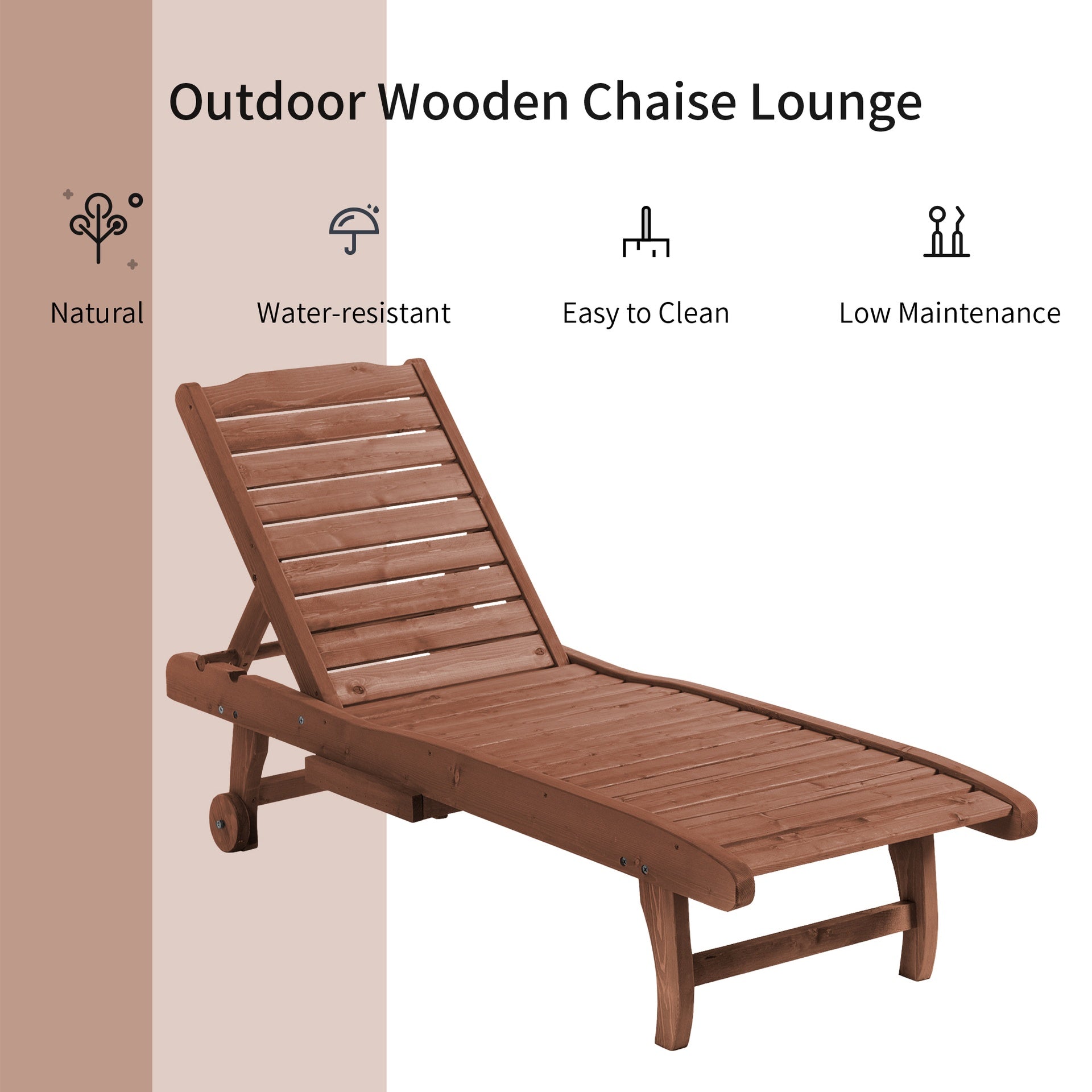 Outsunny Chaise Lounge Chair Outdoor Wooden Pool Lounge Chair with 3-level Adjustable Backrest, Built-In Table and Rolling Wheels, Sun Tanning Chair for Beach Poolside Sunbathing, Brown Red