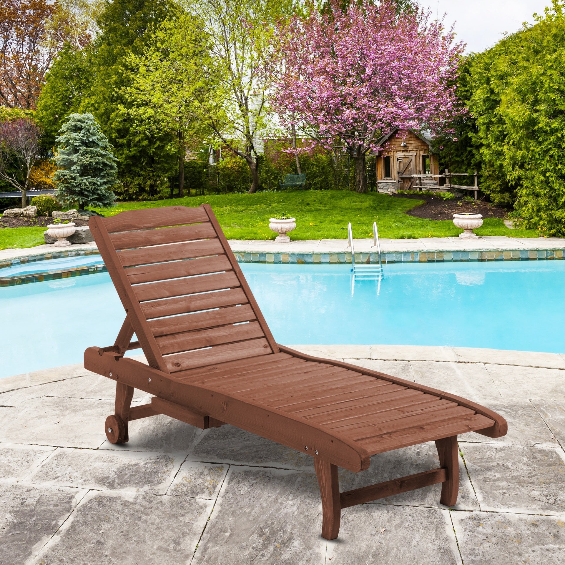 Outsunny Chaise Lounge Chair Outdoor Wooden Pool Lounge Chair with 3-level Adjustable Backrest, Built-In Table and Rolling Wheels, Sun Tanning Chair for Beach Poolside Sunbathing, Brown Red
