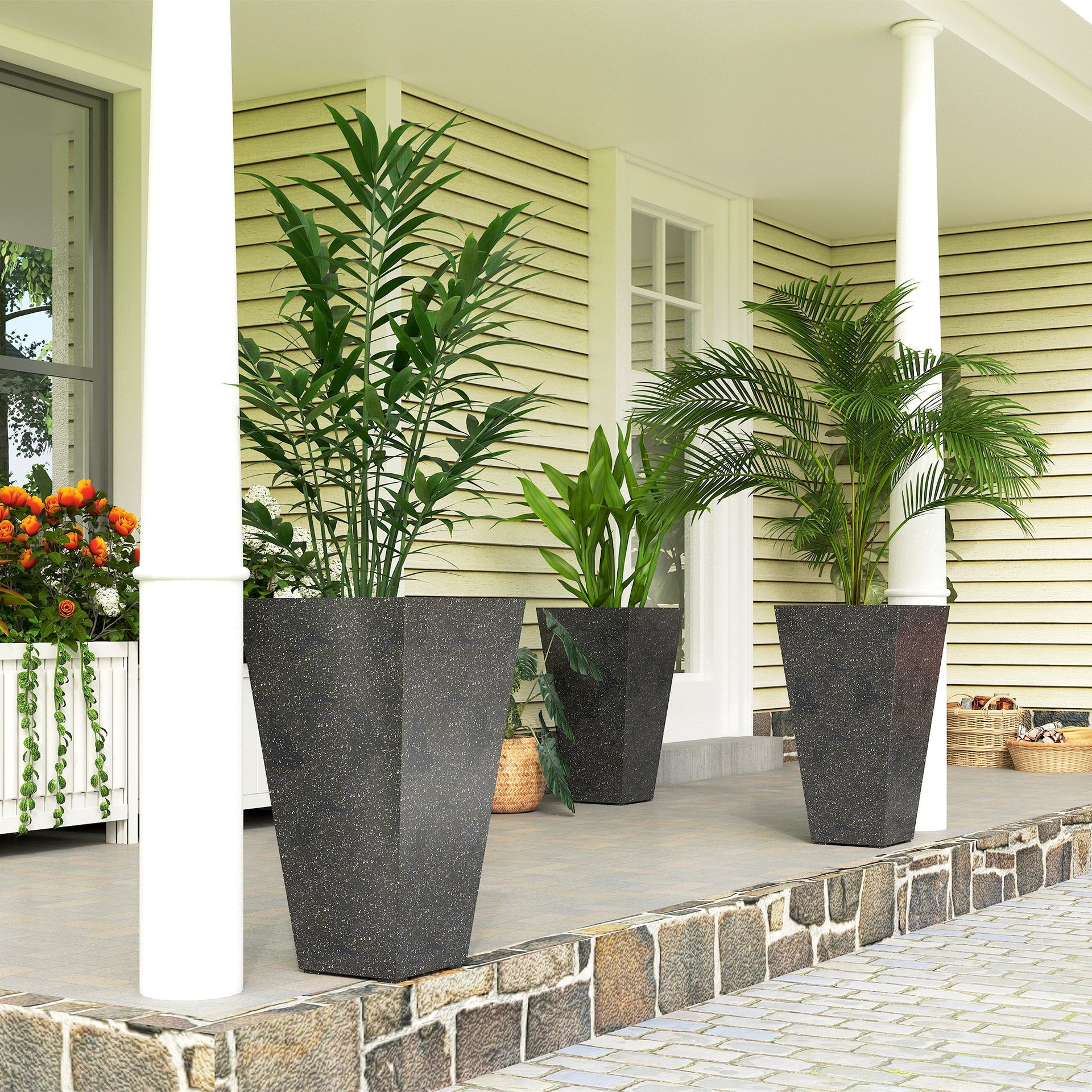 Outsunny 28" Tall Planters, Set of 3 Plastic Flower Pots with Marble Finish and Drainage Holes, Stackable Taper Planters, Black
