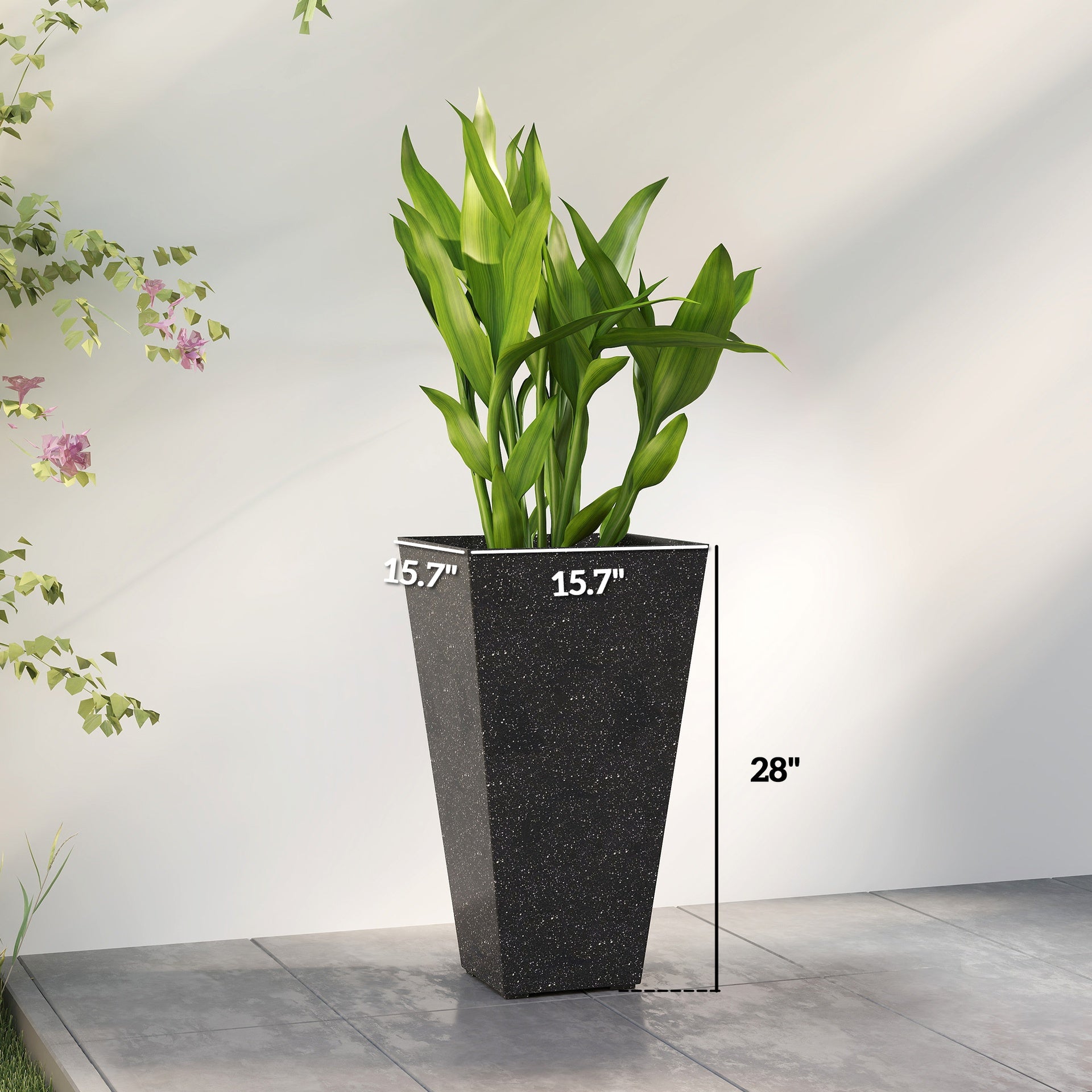 Outsunny 28" Tall Planters, Set of 3 Plastic Flower Pots with Marble Finish and Drainage Holes, Stackable Taper Planters, Black