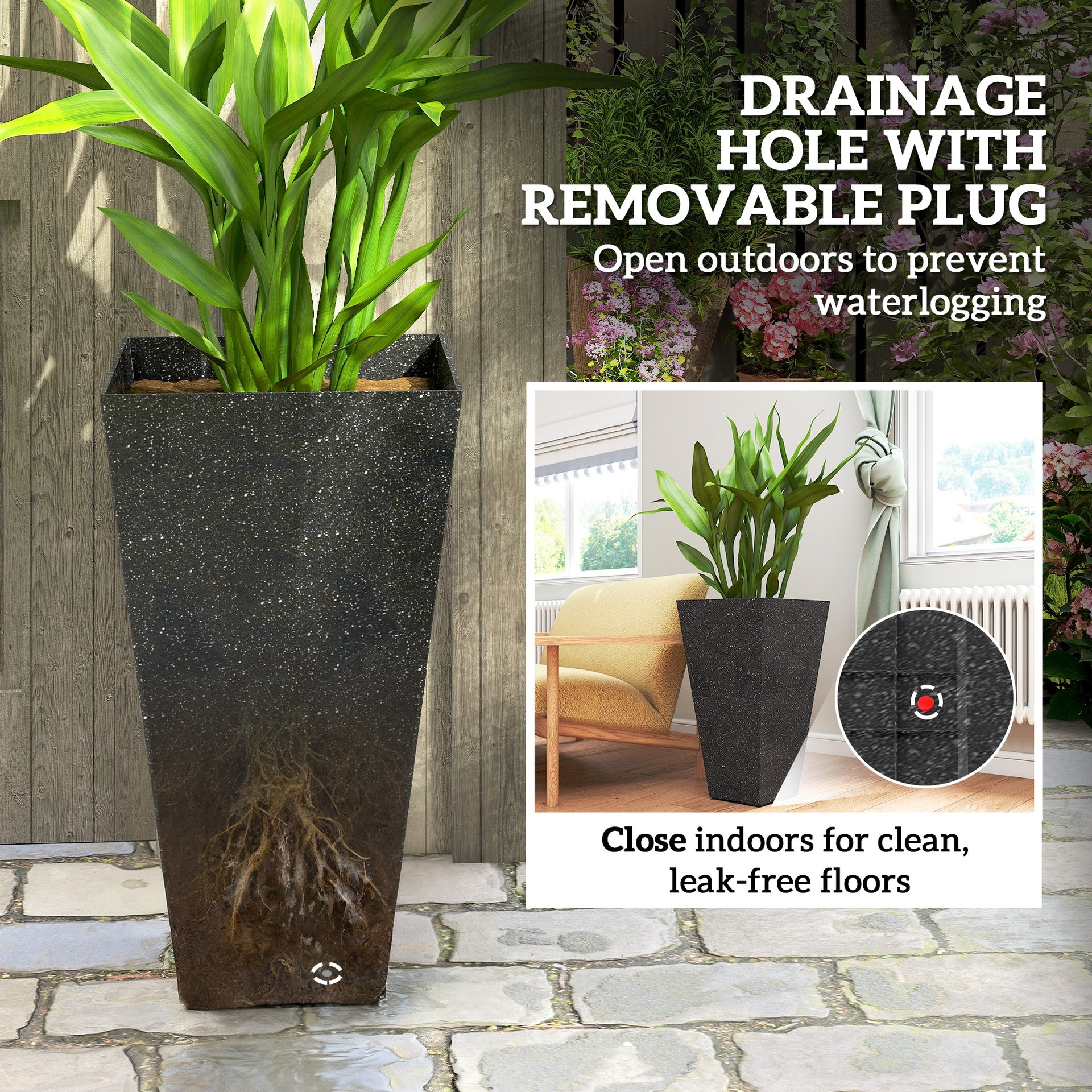 Outsunny 28" Tall Planters, Set of 3 Plastic Flower Pots with Marble Finish and Drainage Holes, Stackable Taper Planters, Black