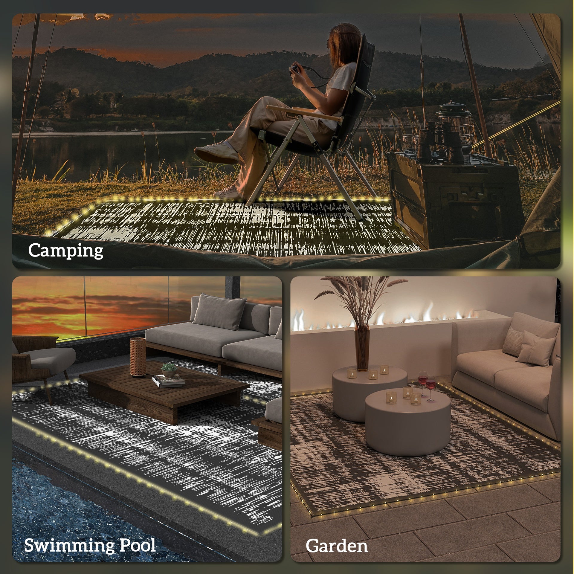 Outsunny Reversible Outdoor Rug Carpet with LED Lights, Carry Bag & Ground Stakes for Backyard, Deck, Picnic, Beach, 10' x 8'