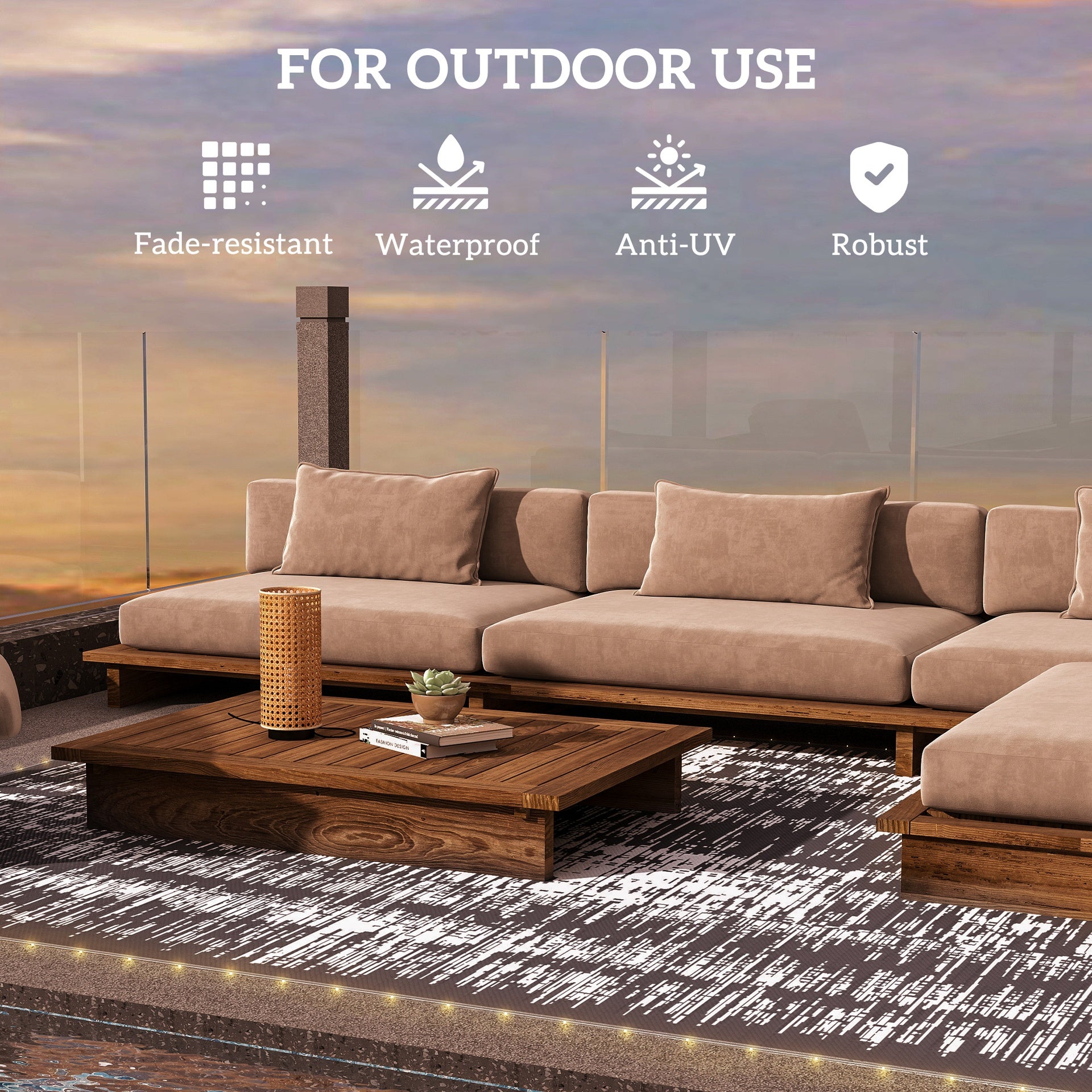 Outsunny Reversible Outdoor Rug Carpet with LED Lights, Carry Bag & Ground Stakes for Backyard, Deck, Picnic, Beach, 10' x 8'