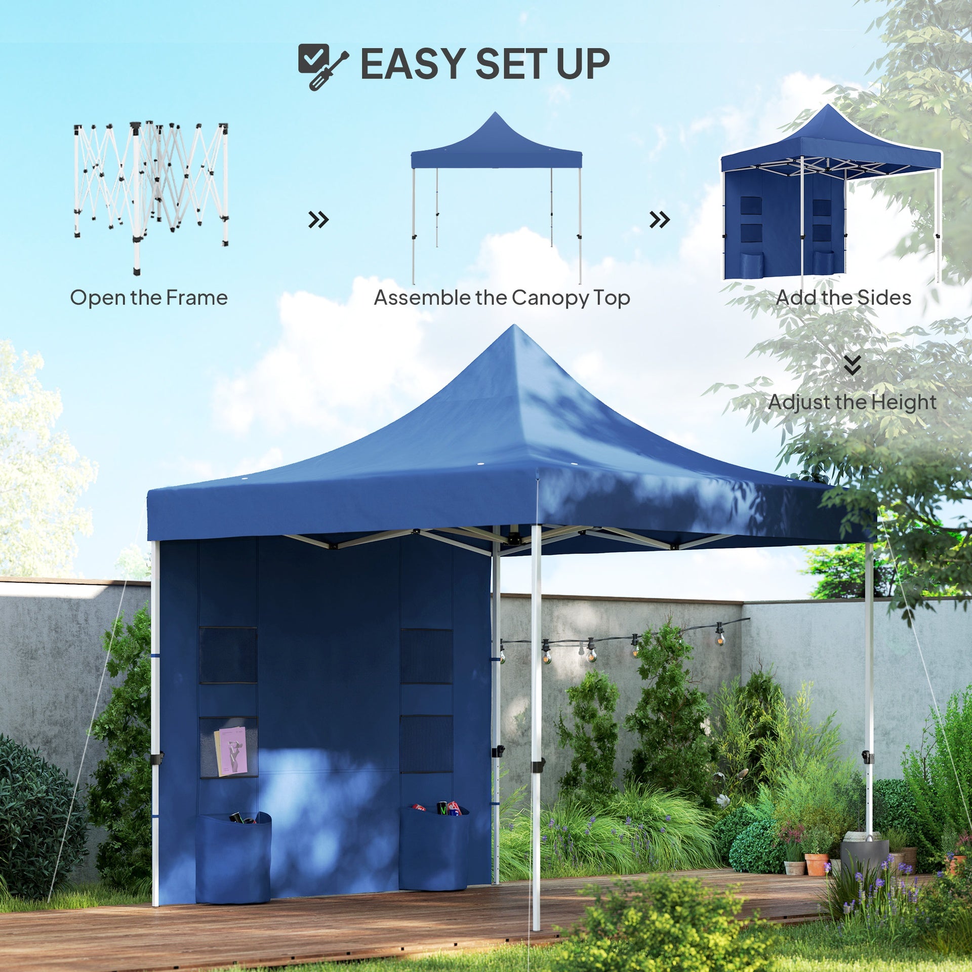 Outsunny 10' x 10' Heavy Duty Pop Up Canopy Tent with Sidewall, UPF50+ Instant Sun Shelter with Storage Pockets, Dark Blue