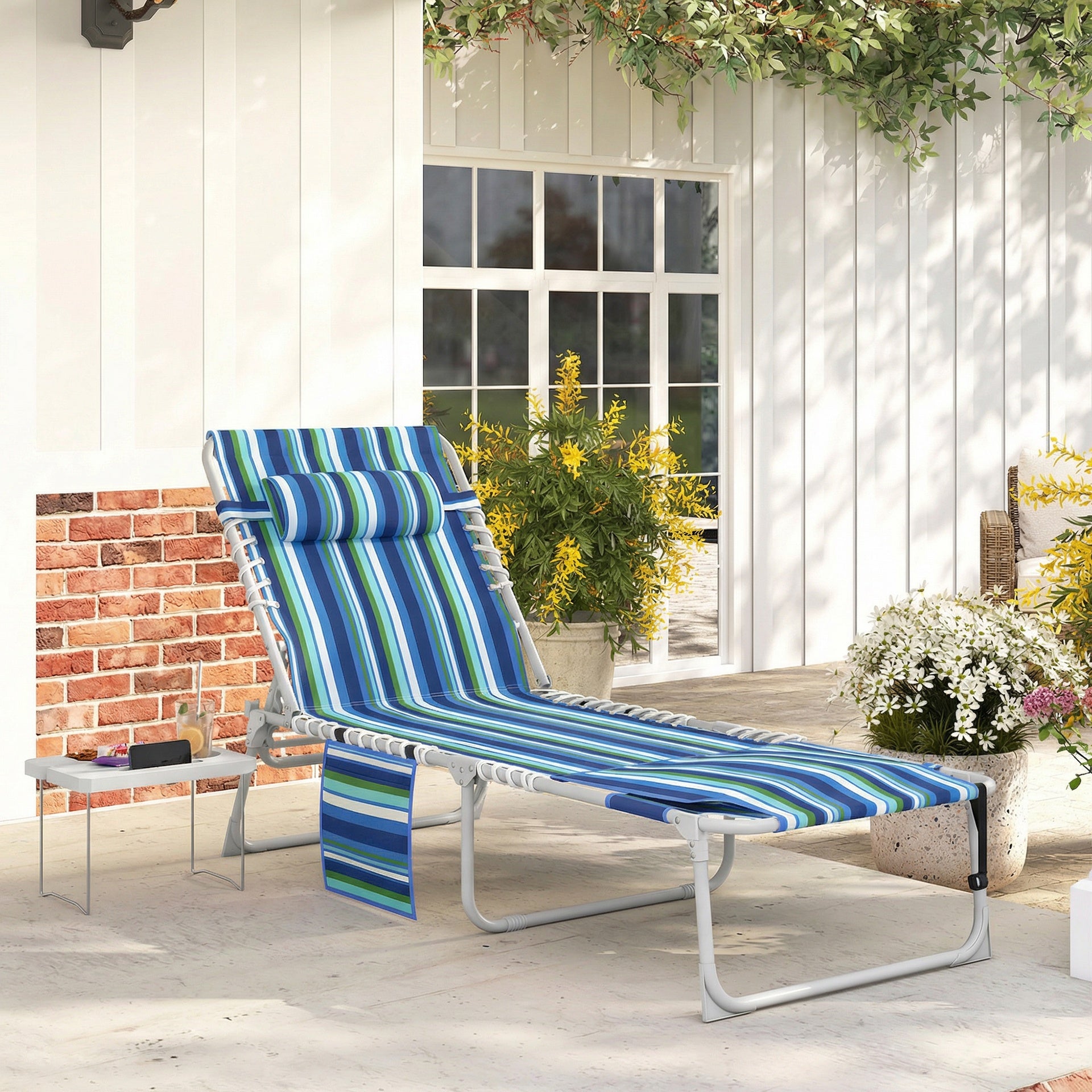 Outsunny Tanning Chair with Face Hole and Side Table, 5-Position Folding Outdoor Chaise Lounge Chair, Blue Stripe