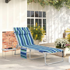 Outsunny Tanning Chair with Face Hole and Side Table, 5-Position Folding Outdoor Chaise Lounge Chair, Blue Stripe