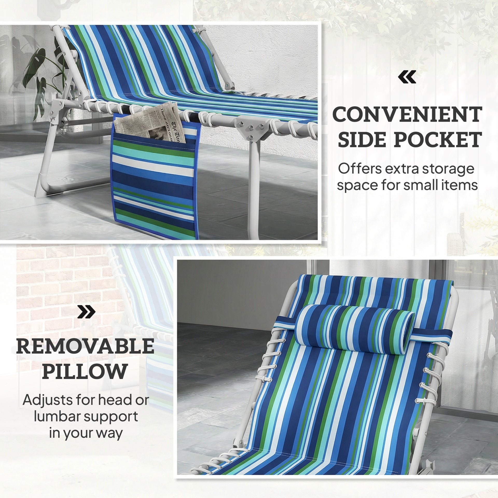 Outsunny Tanning Chair with Face Hole and Side Table, 5-Position Folding Outdoor Chaise Lounge Chair, Blue Stripe