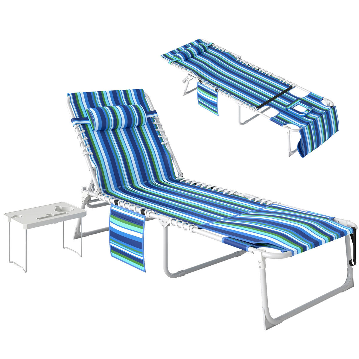 Outsunny Tanning Chair with Face Hole and Side Table, 5-Position Folding Outdoor Chaise Lounge Chair, Blue Stripe