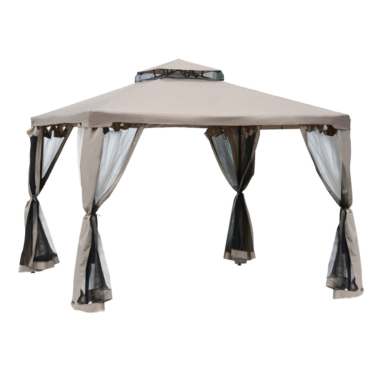 Outsunny 10' x 10' Gazebo Tent, Double Roof Outdoor Canopy Shelter, with Netting Fabric and Vented Roof, Steel Corner Frame for Garden, Lawn, Backyard, Taupe