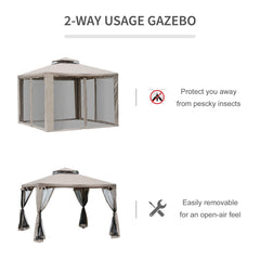 Outsunny 10' x 10' Gazebo Tent, Double Roof Outdoor Canopy Shelter, with Netting Fabric and Vented Roof, Steel Corner Frame for Garden, Lawn, Backyard, Taupe