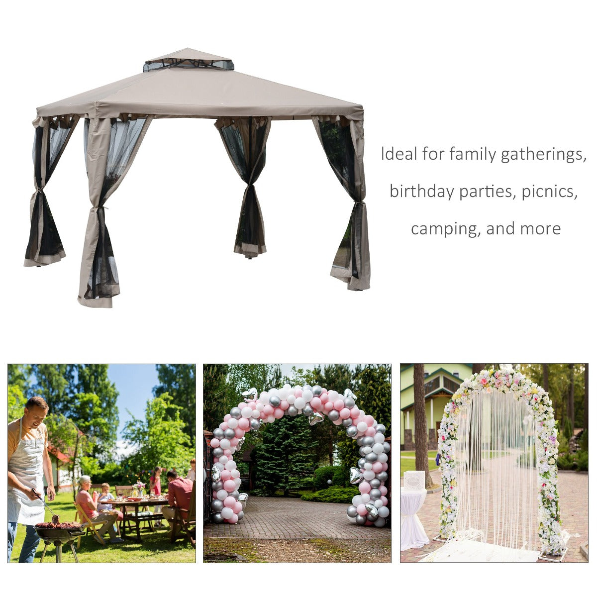 Outsunny 10' x 10' Gazebo Tent, Double Roof Outdoor Canopy Shelter, with Netting Fabric and Vented Roof, Steel Corner Frame for Garden, Lawn, Backyard, Taupe