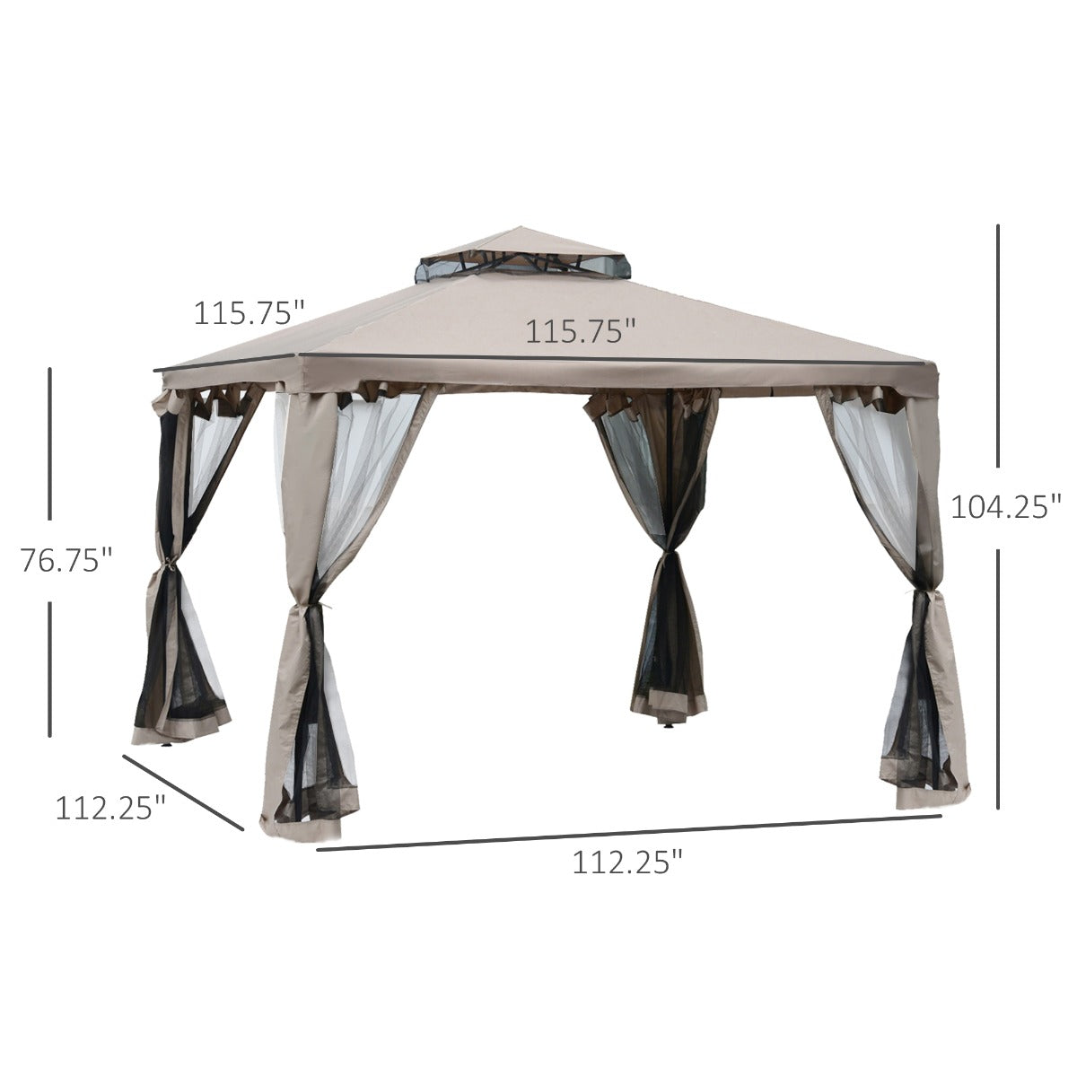 Outsunny 10' x 10' Gazebo Tent, Double Roof Outdoor Canopy Shelter, with Netting Fabric and Vented Roof, Steel Corner Frame for Garden, Lawn, Backyard, Taupe