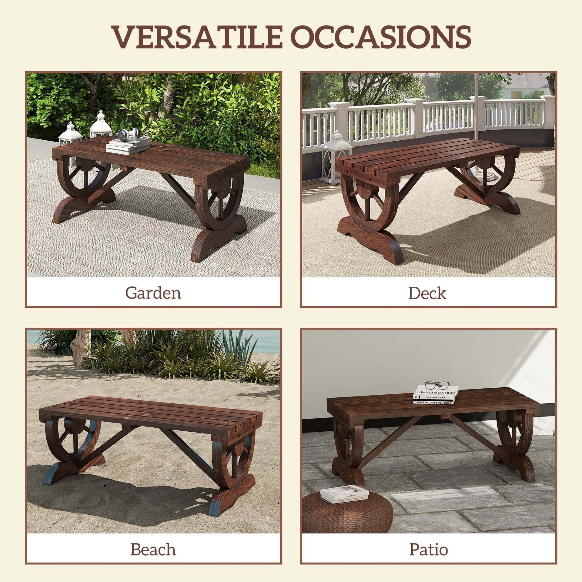 Outsunny 2-Person Wooden Garden Bench, Outdoor Wagon Wheel Porch Bench for Backyard Garden, Support 550 LBS, Rustic Country Style Patio Furniture, Brown