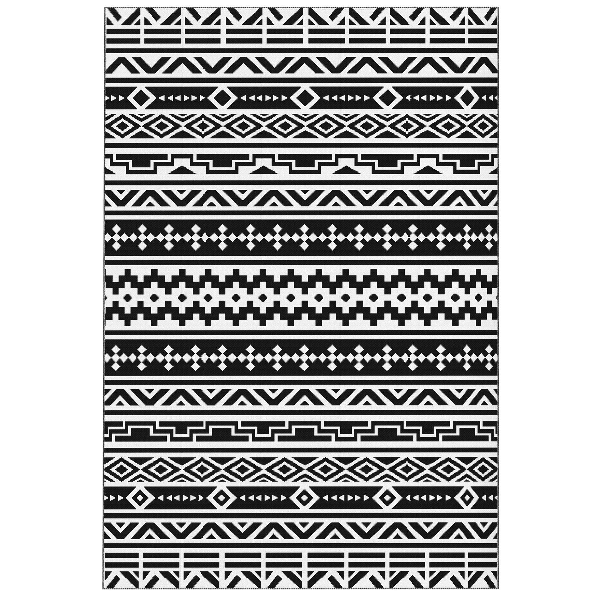 Outsunny Reversible Outdoor Rug, Waterproof Plastic Straw with Carry Bag, 6' x 9', Black & White Geometric Wall
