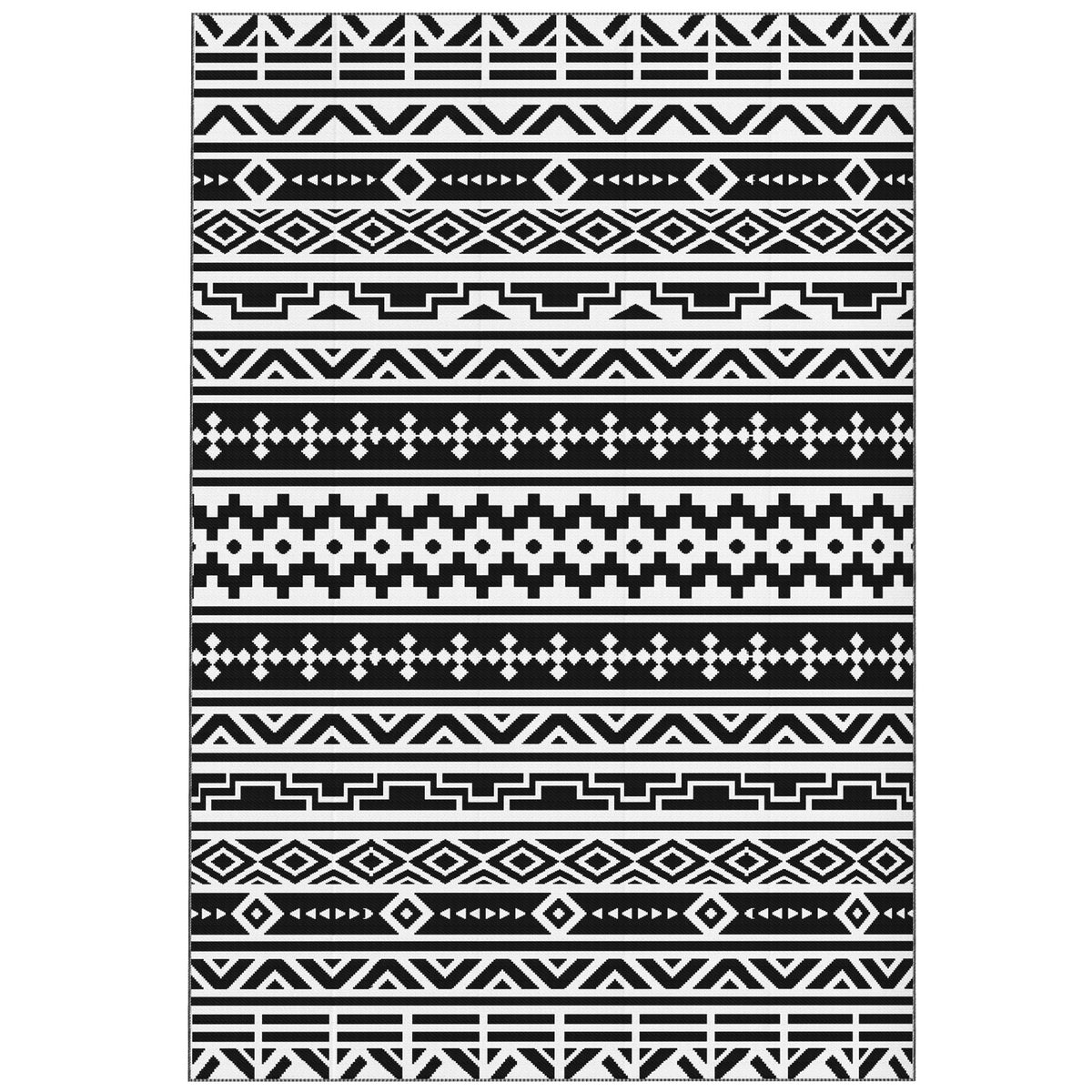 Outsunny Reversible Outdoor Rug, Waterproof Plastic Straw with Carry Bag, 6' x 9', Black & White Geometric Wall