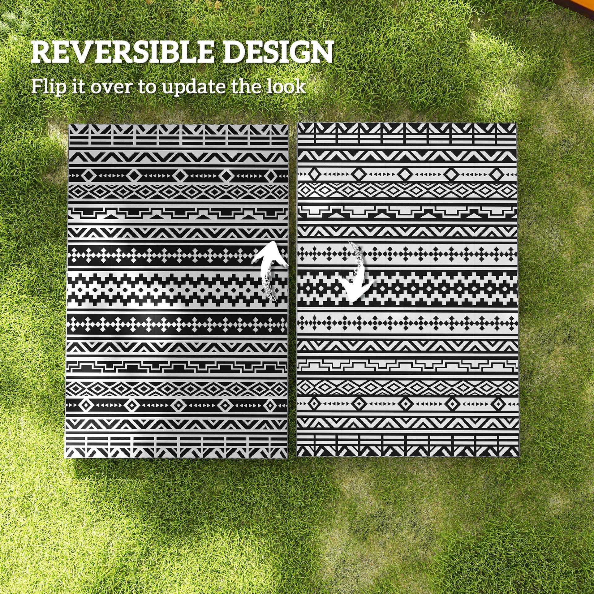 Outsunny Reversible Outdoor Rug, Waterproof Plastic Straw with Carry Bag, 6' x 9', Black & White Geometric Wall