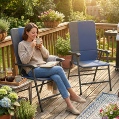Outsunny Folding Patio Chairs Set of 2, Padded High Back Lawn Camping Chairs with Armrests, 600D Oxford Fabric, Dark Blue