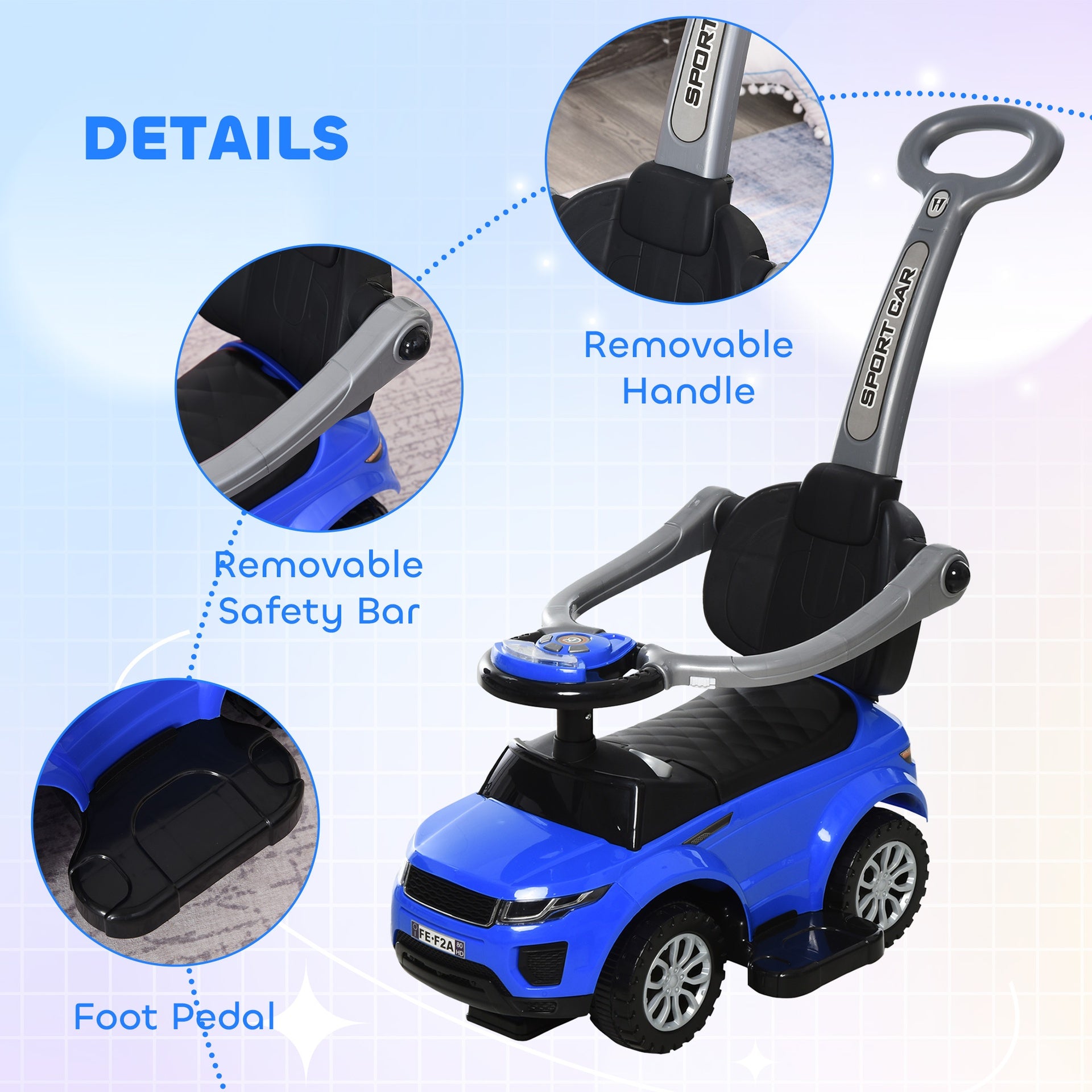 Aosom 3 In 1 Push Cars for Toddlers Kid Ride on Push Car Stroller Sliding Car with Horn Music Light Function Secure Bar Ride on Toy for Boy Girl 18-36 Months, Blue