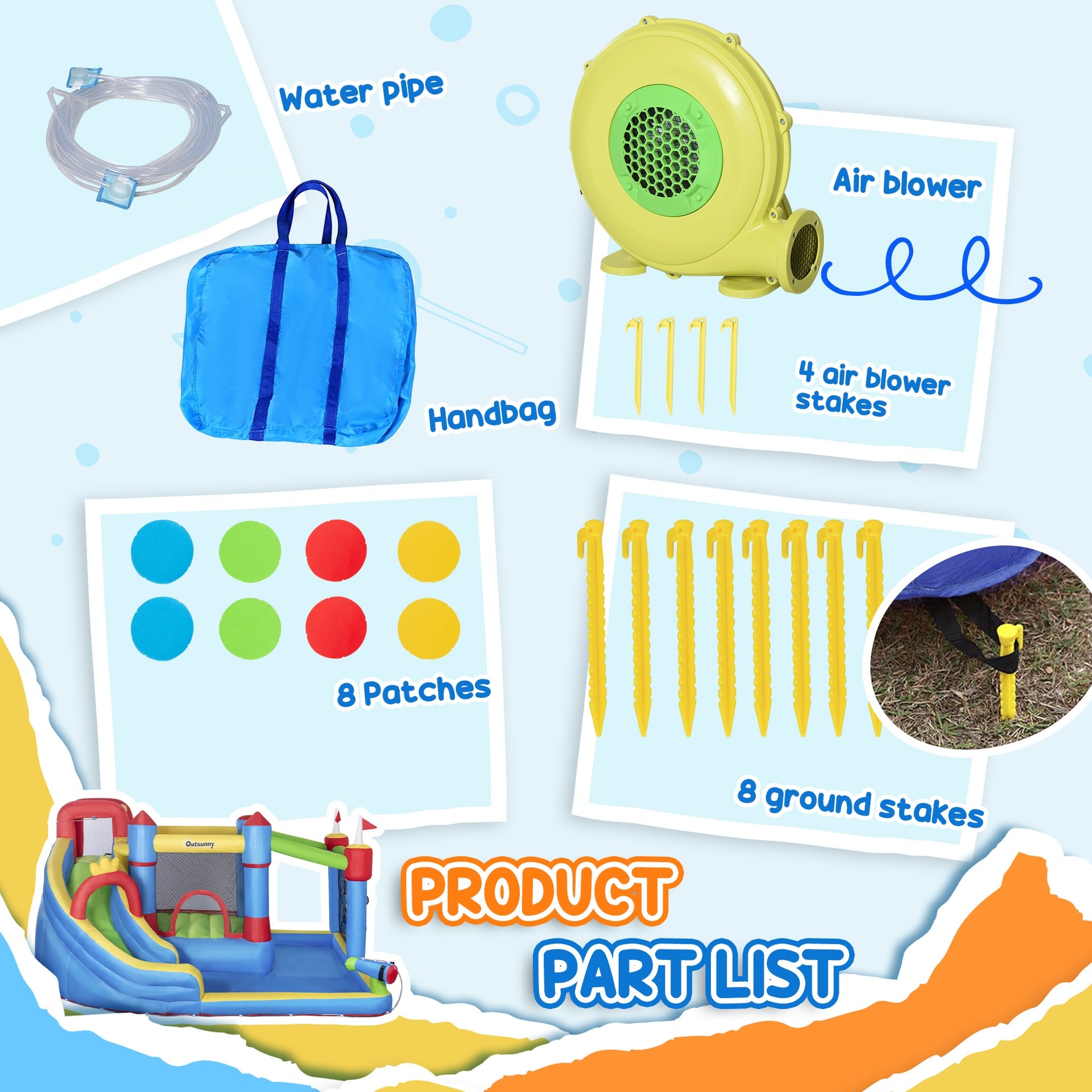 Outsunny 6-in-1 Inflatable Water Slide with Splash Pool, Slide, Climbing Wall, Water Cannon, Inflatable Bounce House for Kids with 2 Min. Inflation and Air Blower