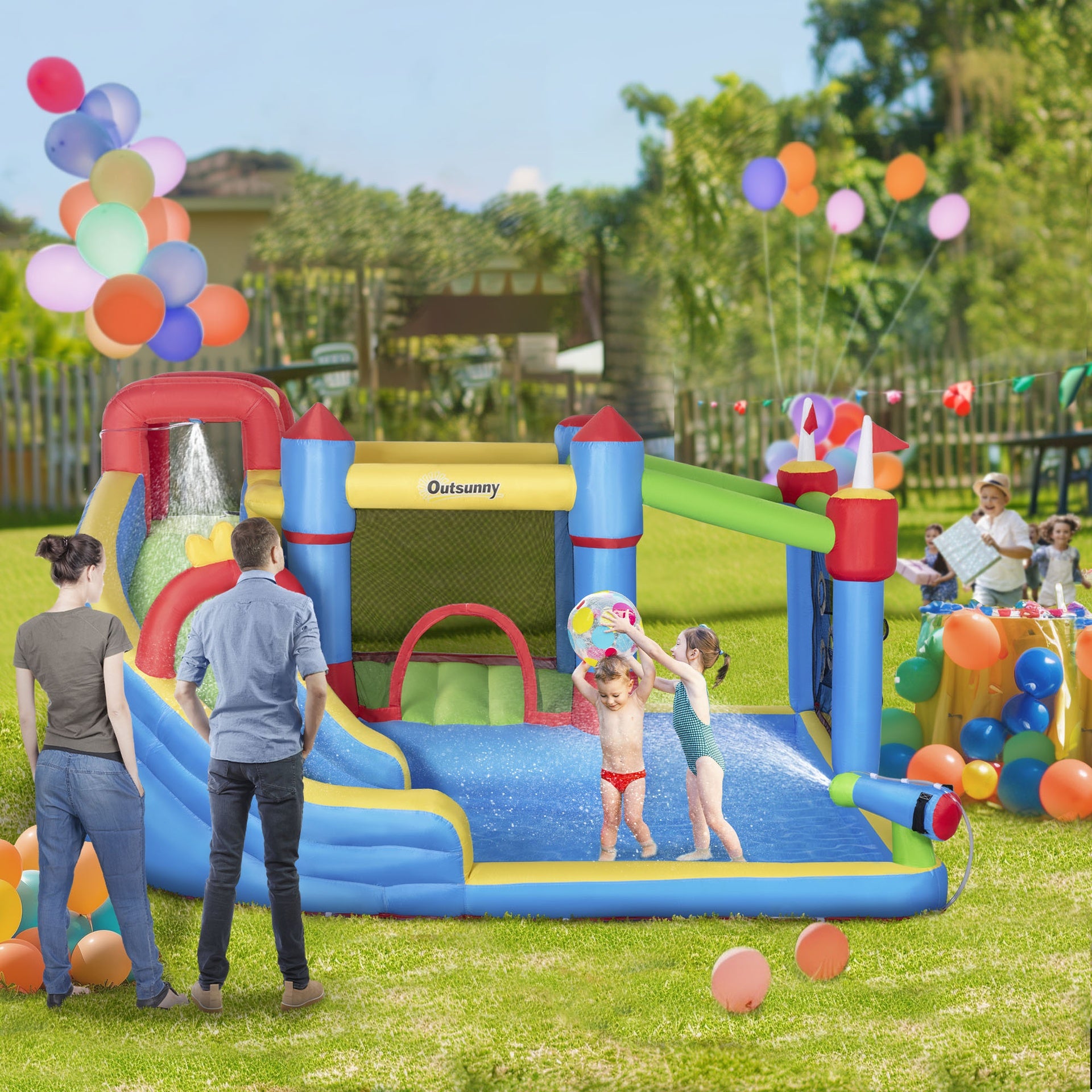 Outsunny 6-in-1 Inflatable Water Slide with Splash Pool, Slide, Climbing Wall, Water Cannon, Inflatable Bounce House for Kids with 2 Min. Inflation and Air Blower