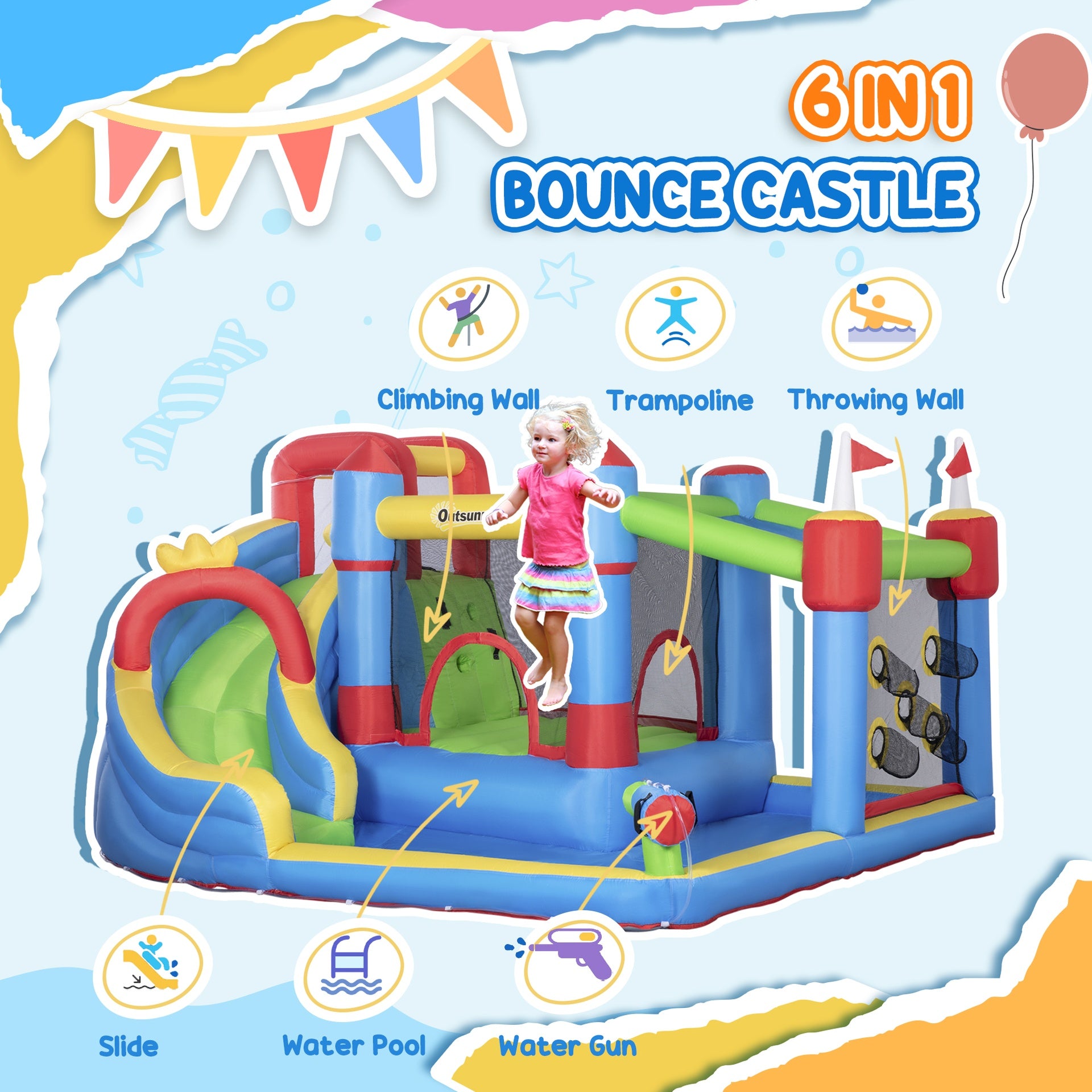 Outsunny 6-in-1 Inflatable Water Slide with Splash Pool, Slide, Climbing Wall, Water Cannon, Inflatable Bounce House for Kids with 2 Min. Inflation and Air Blower