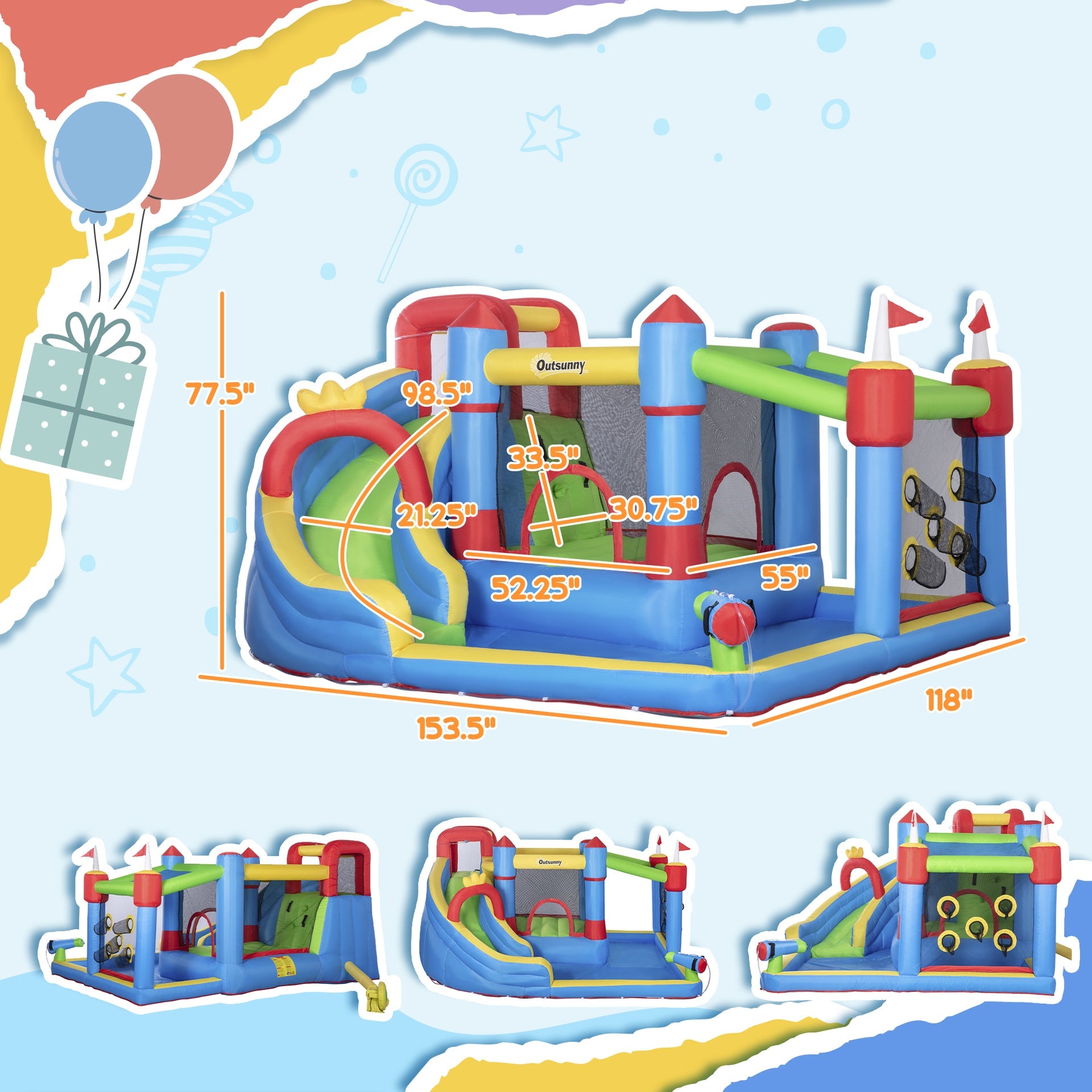 Outsunny 6-in-1 Inflatable Water Slide with Splash Pool, Slide, Climbing Wall, Water Cannon, Inflatable Bounce House for Kids with 2 Min. Inflation and Air Blower
