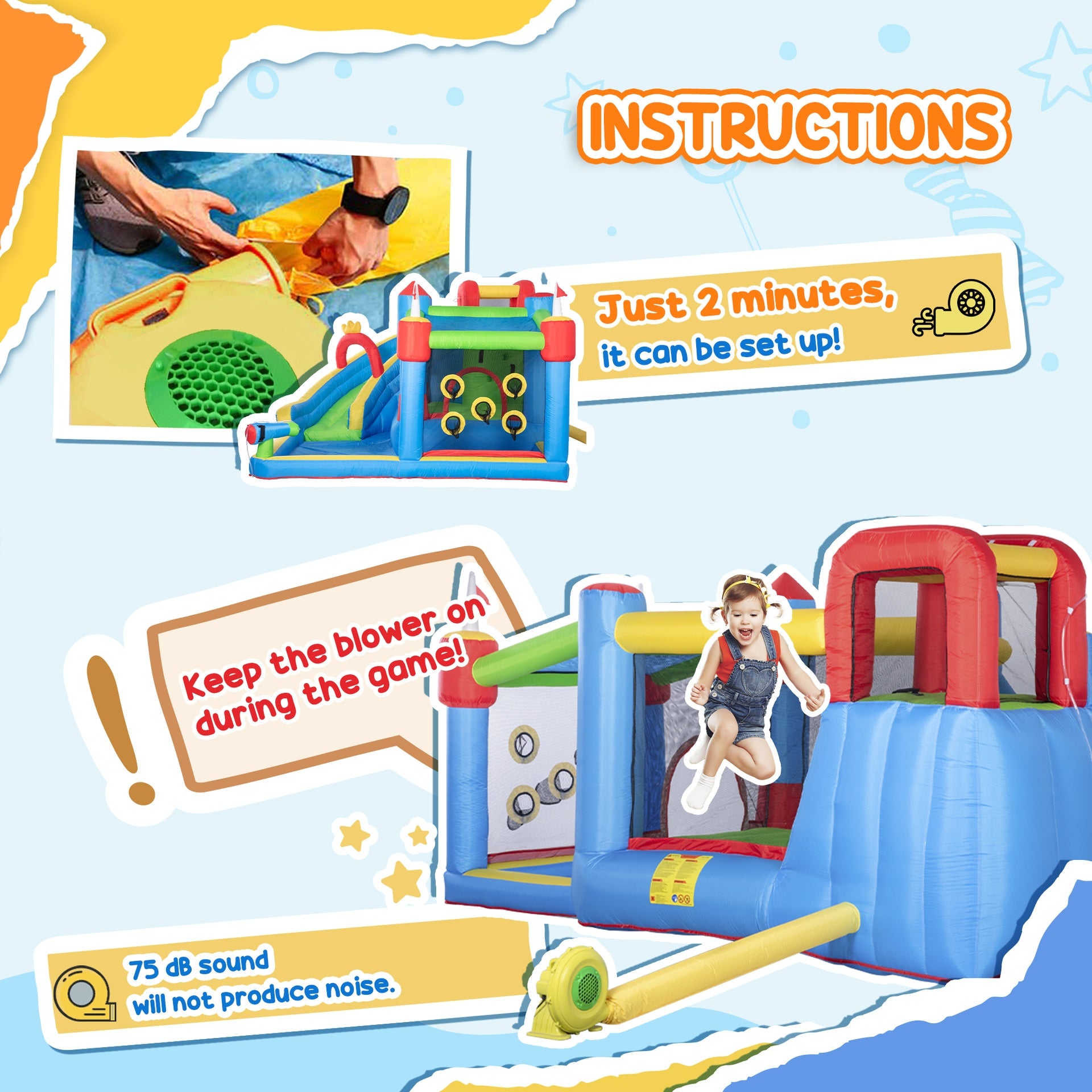 Outsunny 6-in-1 Inflatable Water Slide with Splash Pool, Slide, Climbing Wall, Water Cannon, Inflatable Bounce House for Kids with 2 Min. Inflation and Air Blower