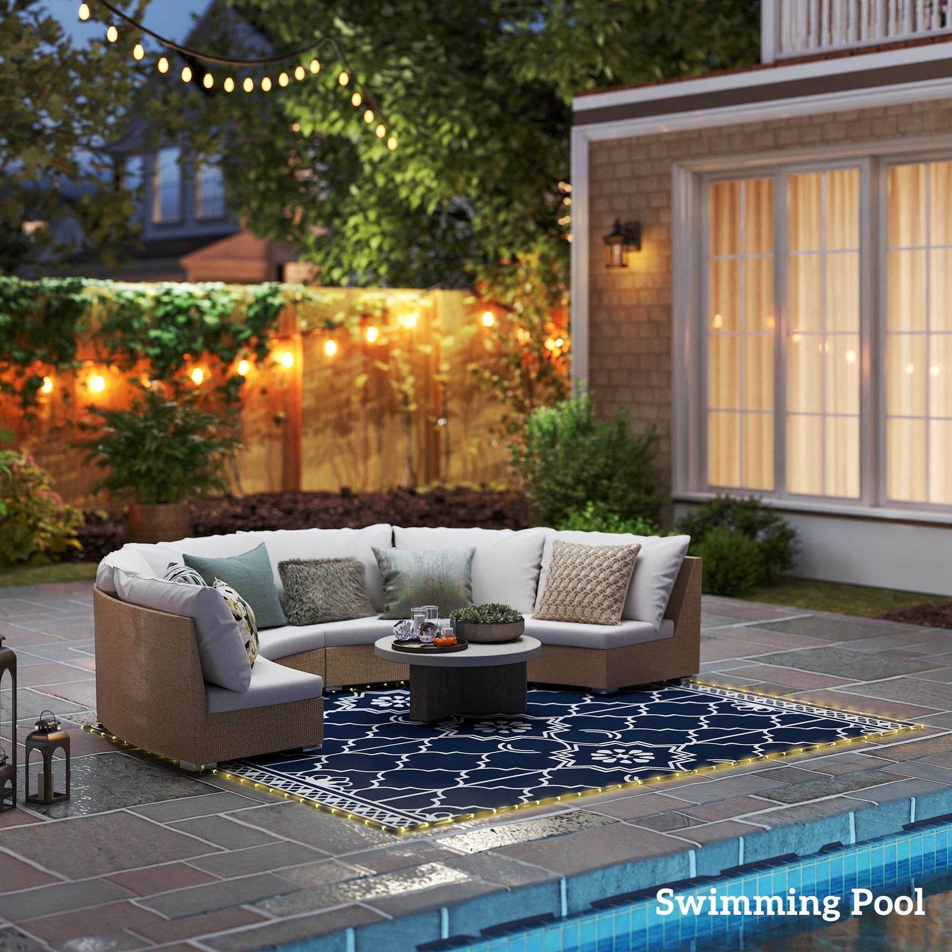 Outsunny Reversible Outdoor Rug Carpet with LED Lights, 10' x 8' PP Straw Rug with Carry Bag and Ground Stakes