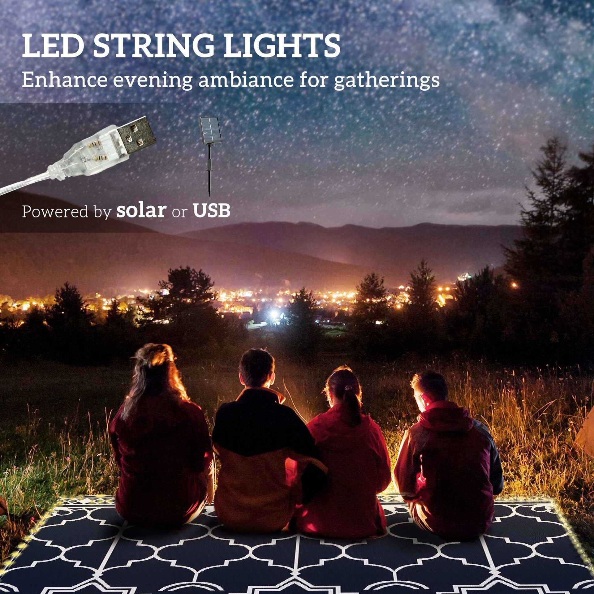 Outsunny Reversible Outdoor Rug Carpet with LED Lights, 10' x 8' PP Straw Rug with Carry Bag and Ground Stakes