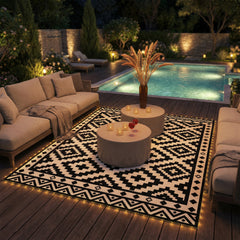 Outsunny Outdoor Rug Carpet Reversible Plastic Straw Rug with LED Lights Black and White 10' x 8' for Patio
