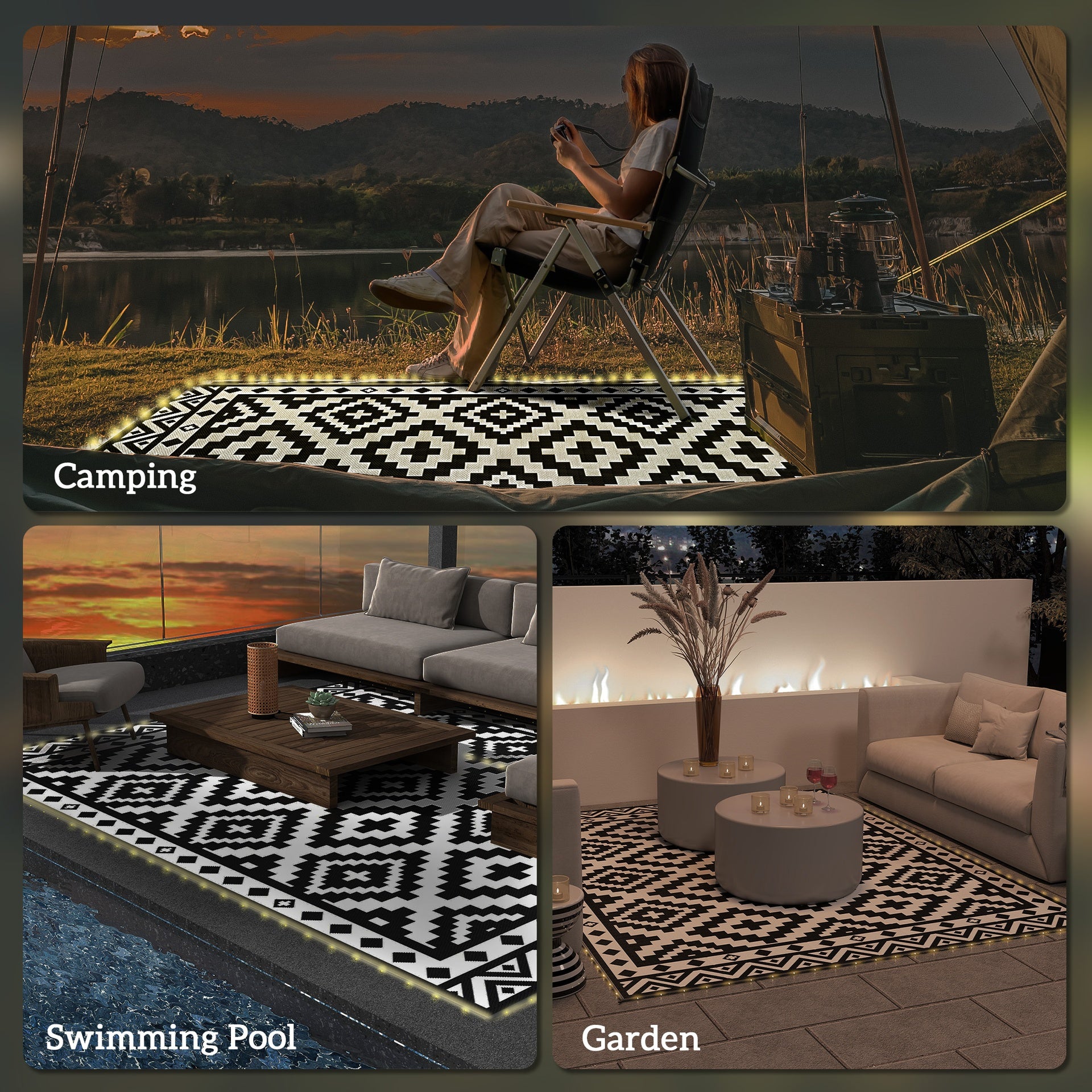 Outsunny Outdoor Rug Carpet Reversible Plastic Straw Rug with LED Lights Black and White 10' x 8' for Patio