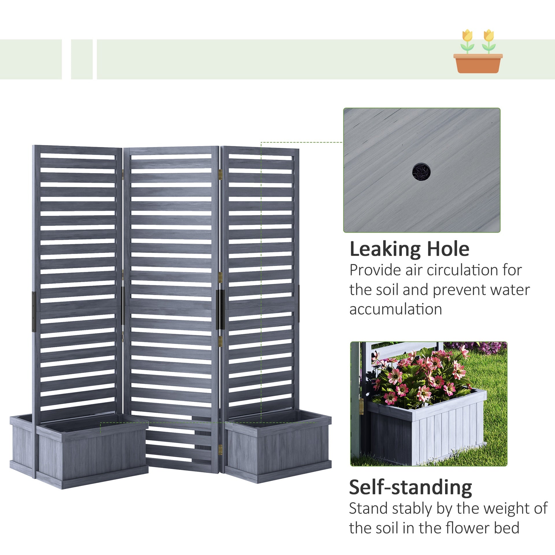Outsunny Wood Privacy Screen w/ 4 Planter Box, Raised Bed w/ 3 Panels & Drainage Holes