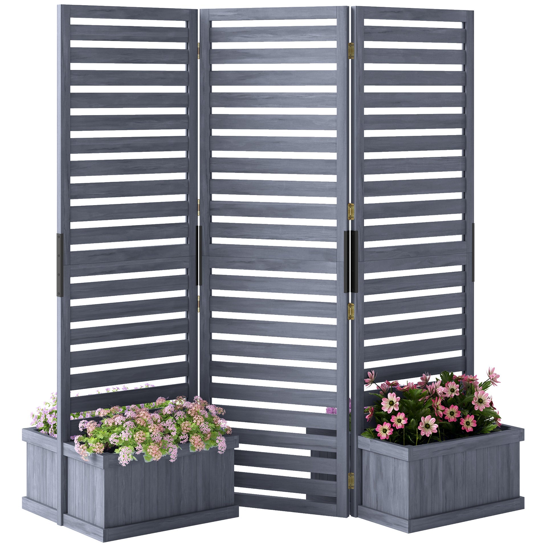Outsunny Wood Privacy Screen w/ 4 Planter Box, Raised Bed w/ 3 Panels & Drainage Holes