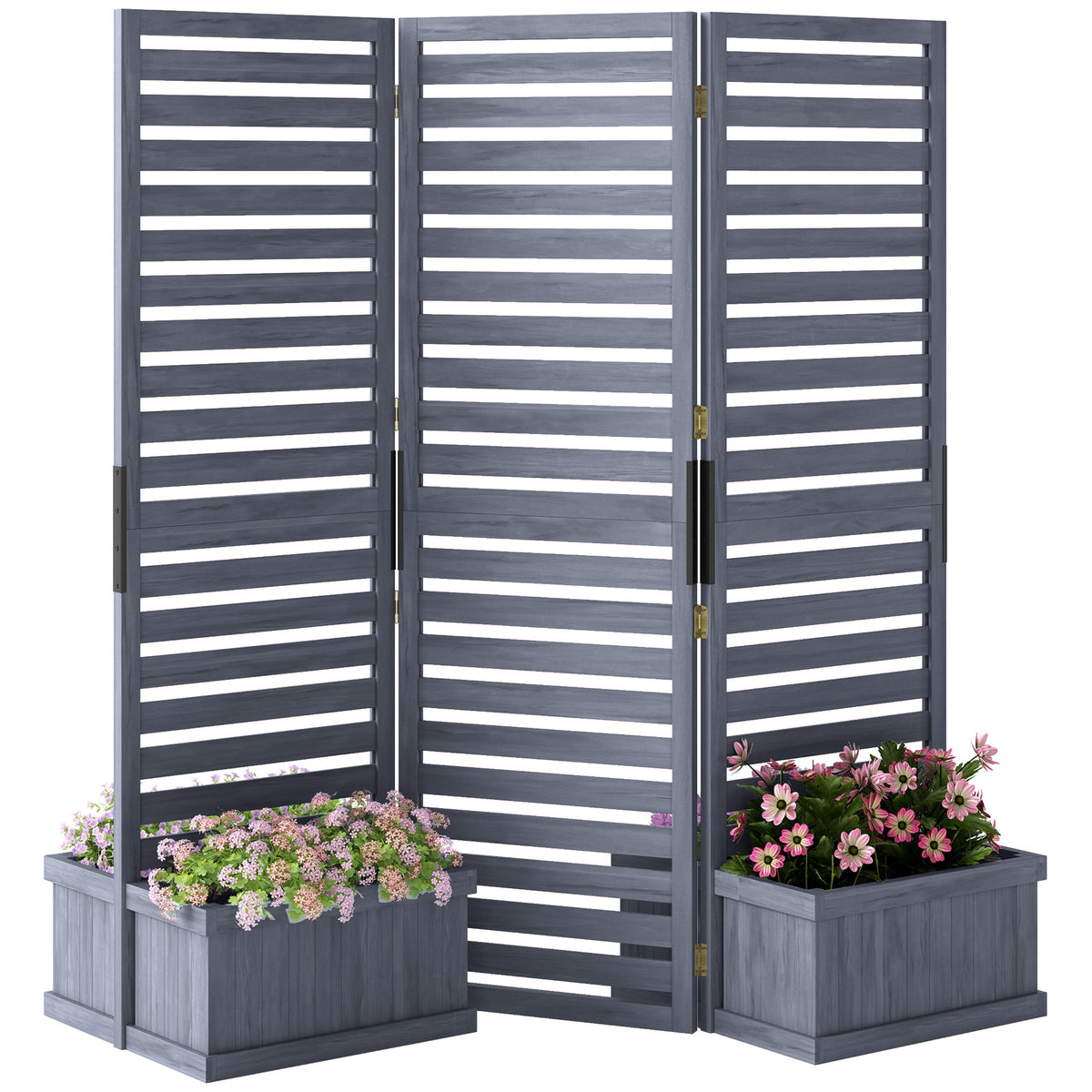 Outsunny Wood Privacy Screen w/ 4 Planter Box, Raised Bed w/ 3 Panels & Drainage Holes