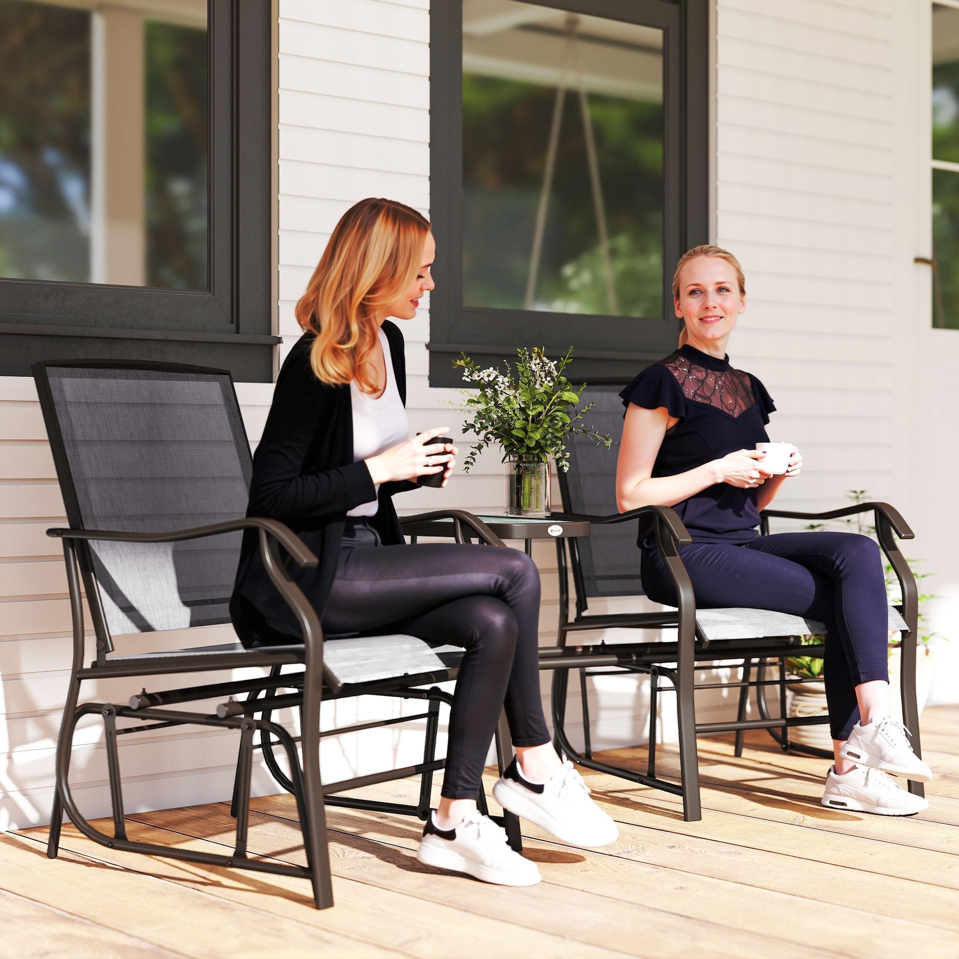 Outsunny Outdoor Glider Chairs with Coffee Table, Patio 2-Seat Rocking Chair Swing Loveseat with Breathable Sling for Backyard, Garden, and Porch, Gray