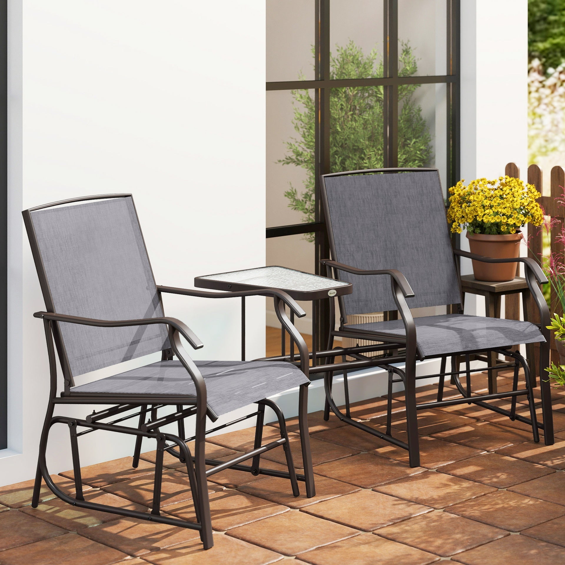 Outsunny Outdoor Glider Chairs with Coffee Table, Patio 2-Seat Rocking Chair Swing Loveseat with Breathable Sling for Backyard, Garden, and Porch, Gray