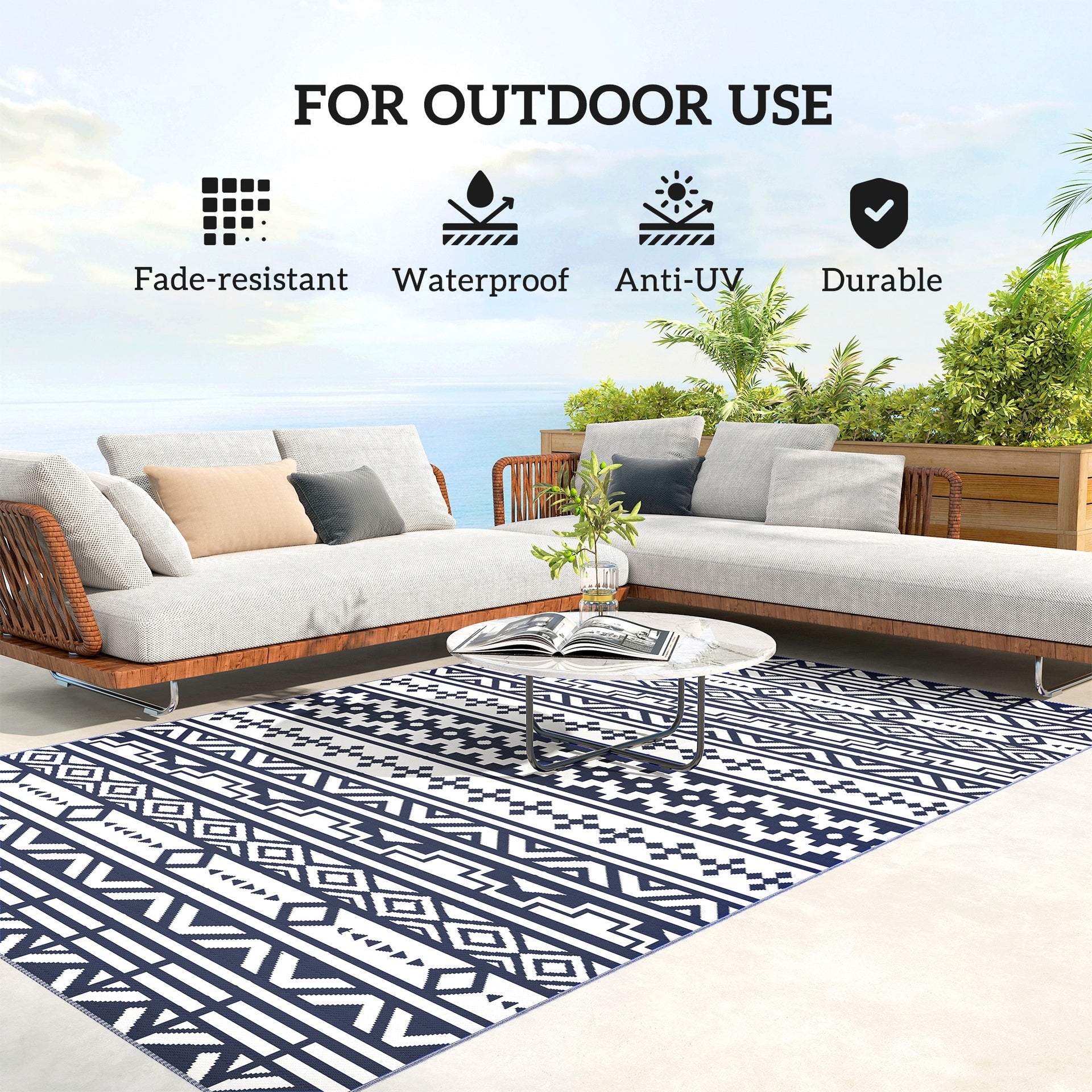 Outsunny Reversible Outdoor Rug, Waterproof Plastic Straw with Carry Bag, 6' x 9', Blue & White Geometric