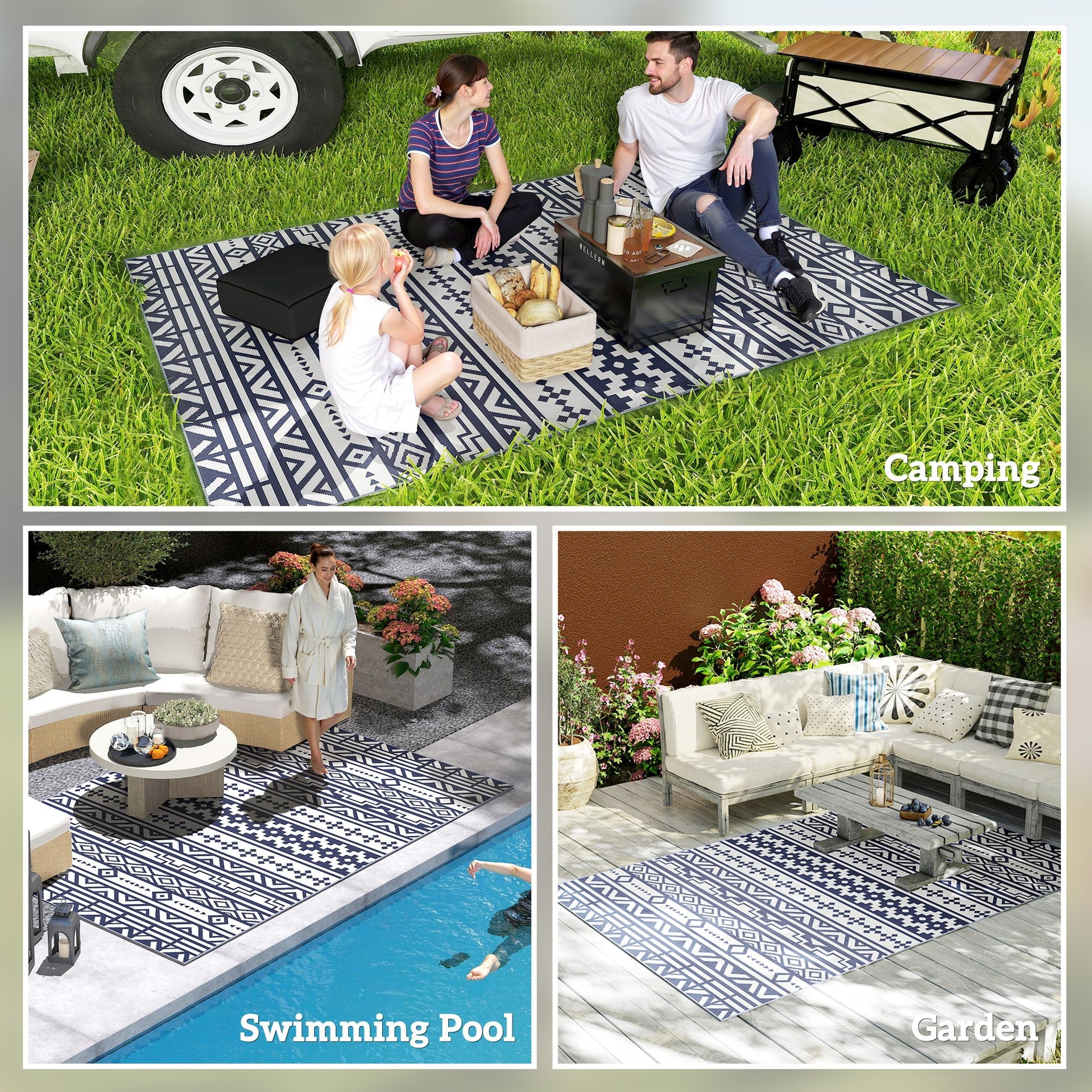 Outsunny Reversible Outdoor Rug, Waterproof Plastic Straw with Carry Bag, 6' x 9', Blue & White Geometric