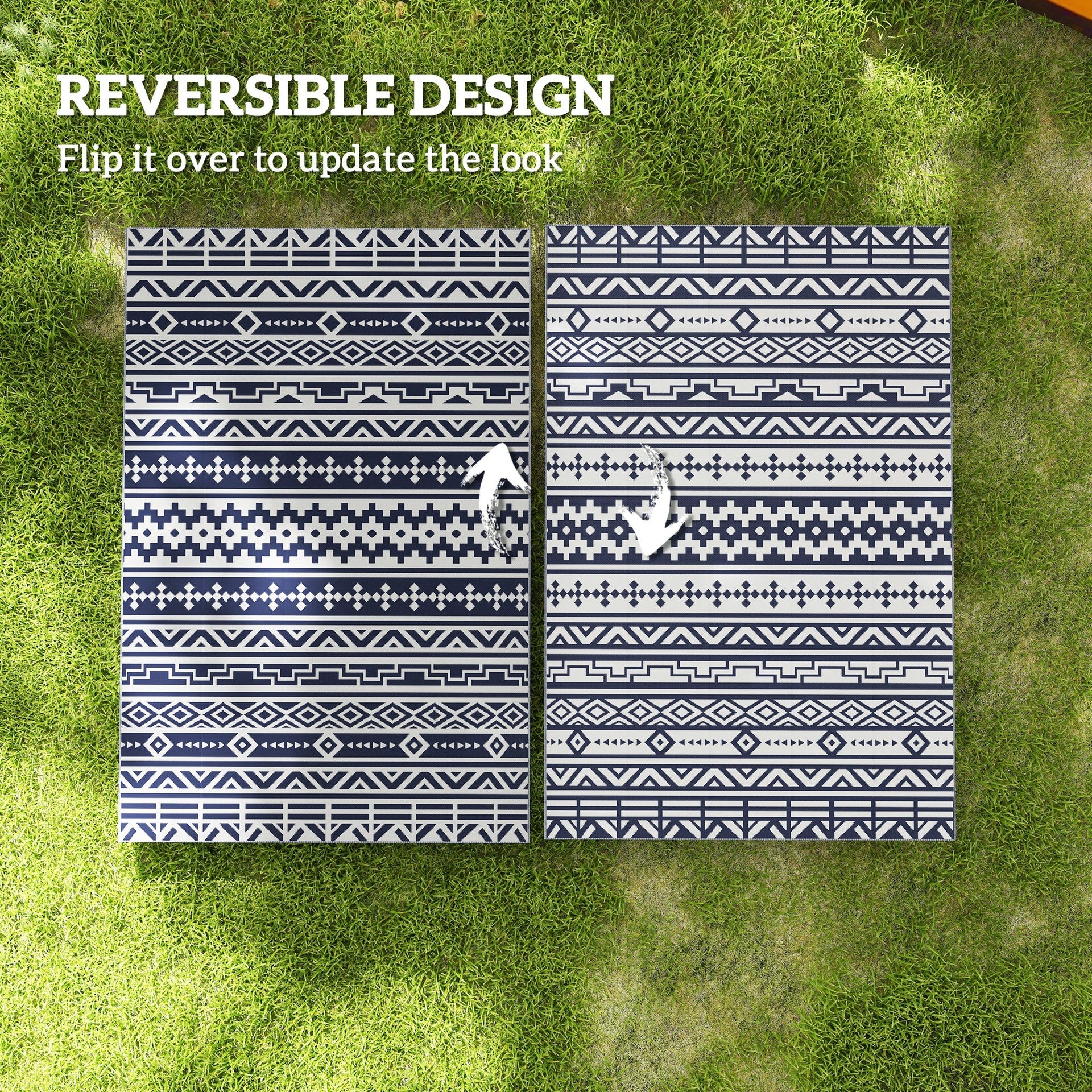 Outsunny Reversible Outdoor Rug, Waterproof Plastic Straw with Carry Bag, 6' x 9', Blue & White Geometric