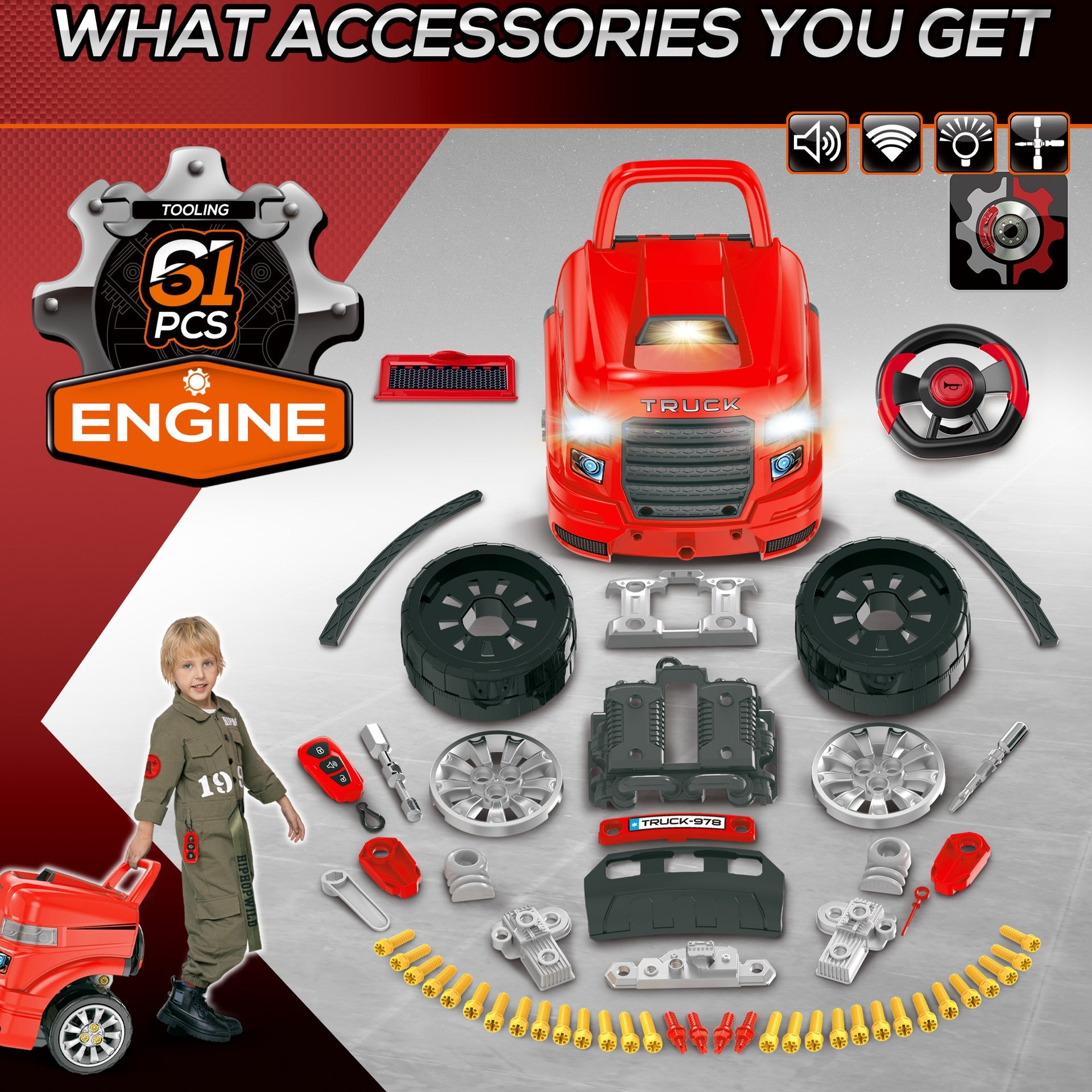 Qaba Mechanic Kids Truck Engine Toy Set, Car Service Play Set, Red