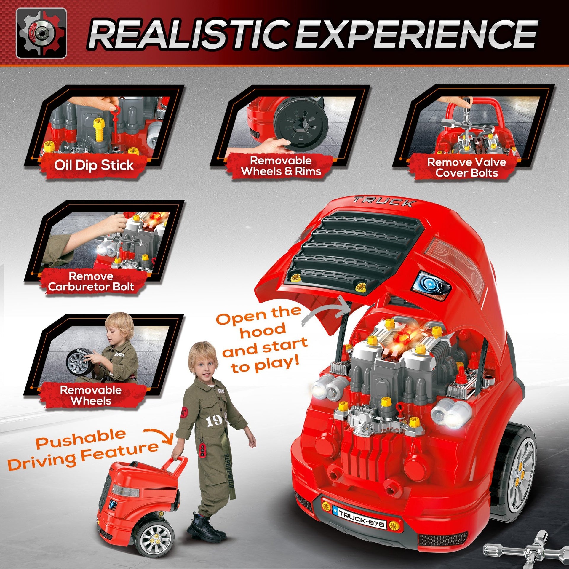Qaba Mechanic Kids Truck Engine Toy Set, Car Service Play Set, Red