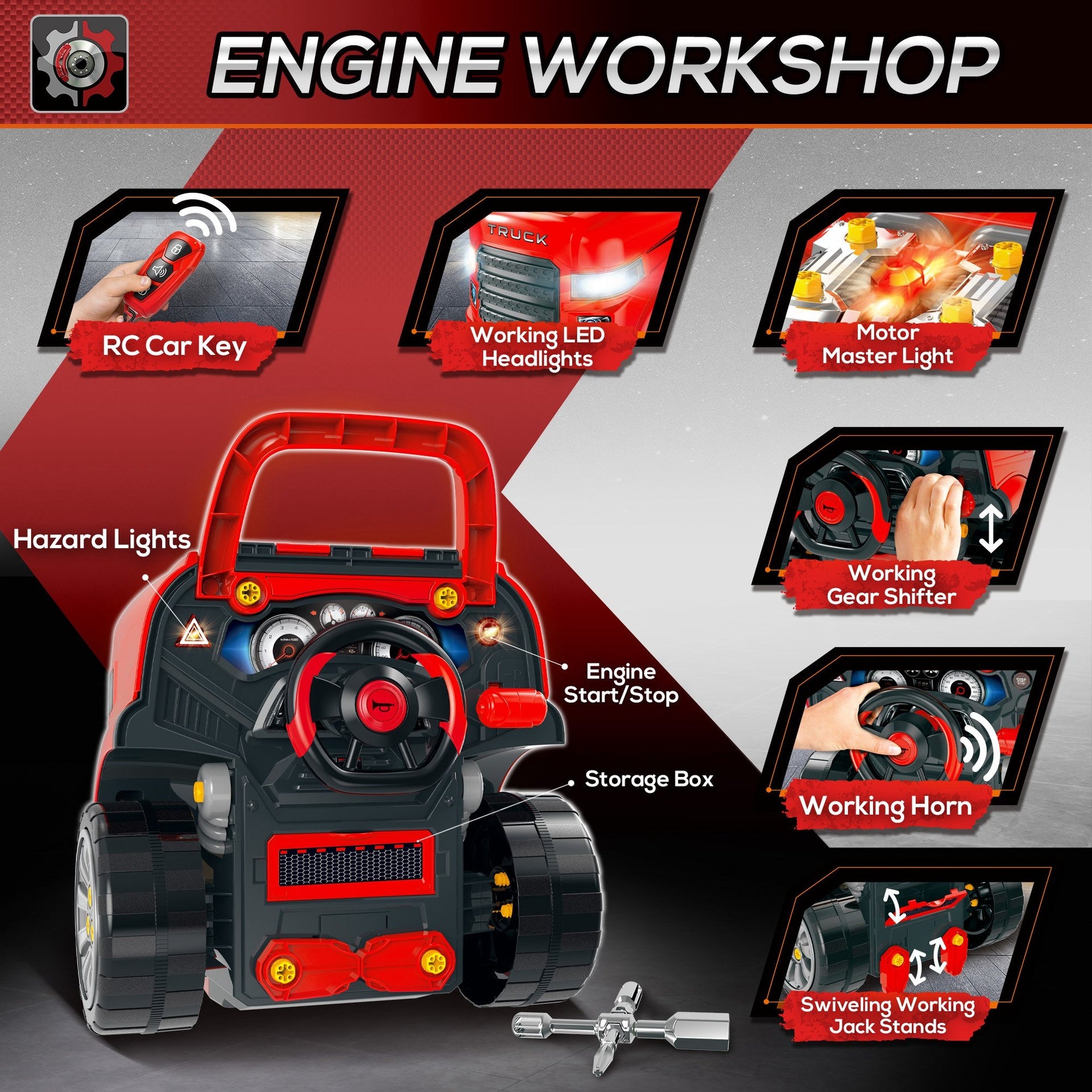 Qaba Mechanic Kids Truck Engine Toy Set, Car Service Play Set, Red