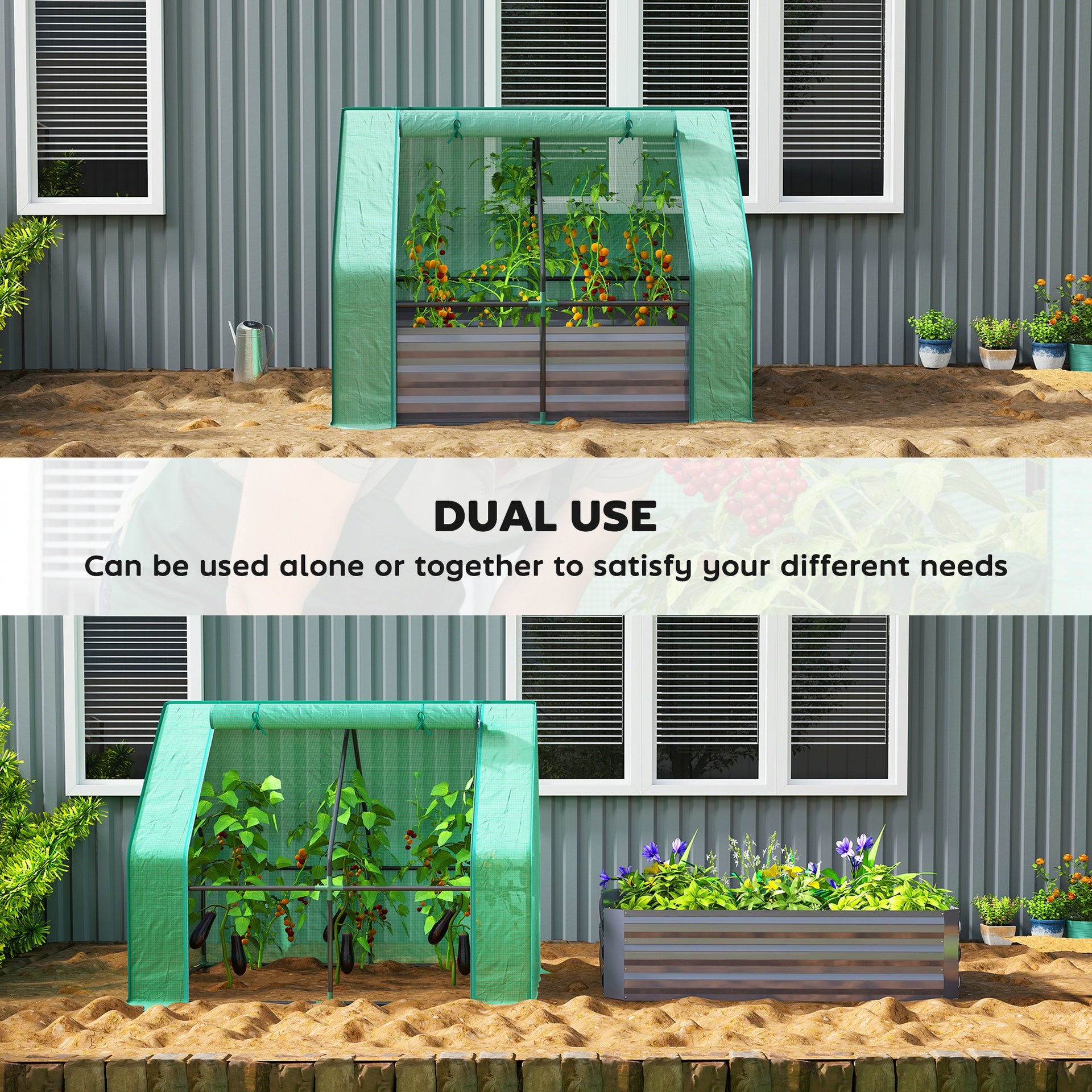 Outsunny 4 x 3 x 3ft Raised Garden Bed with Mini Greenhouse, Galvanized Raised Garden Bed with Cover, Green and Dark Gray