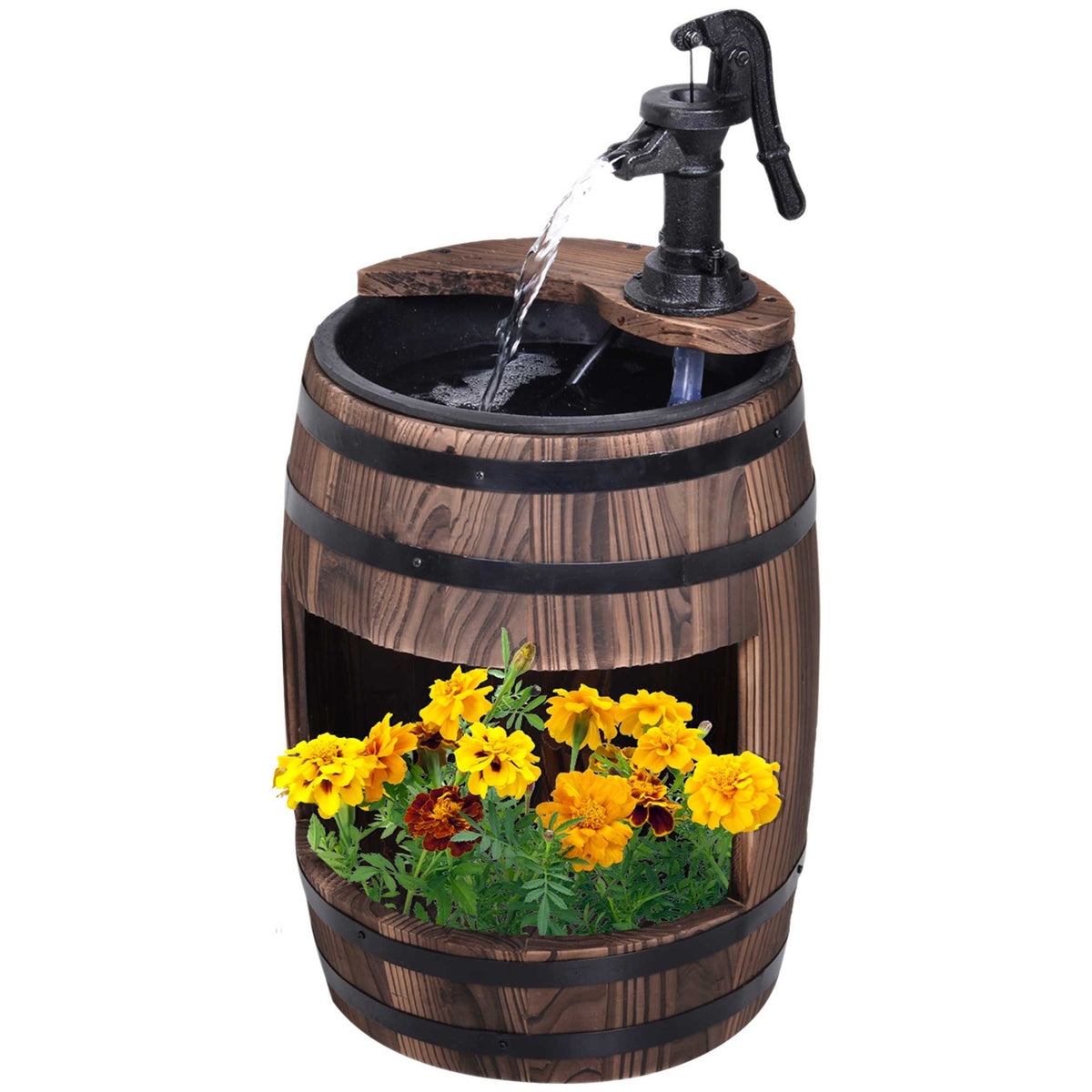 Outsunny 23" H Outdoor Water Fountain Wood and Plastic Rustic Apple Barrel Pump Garden Decor for Outside Backyard