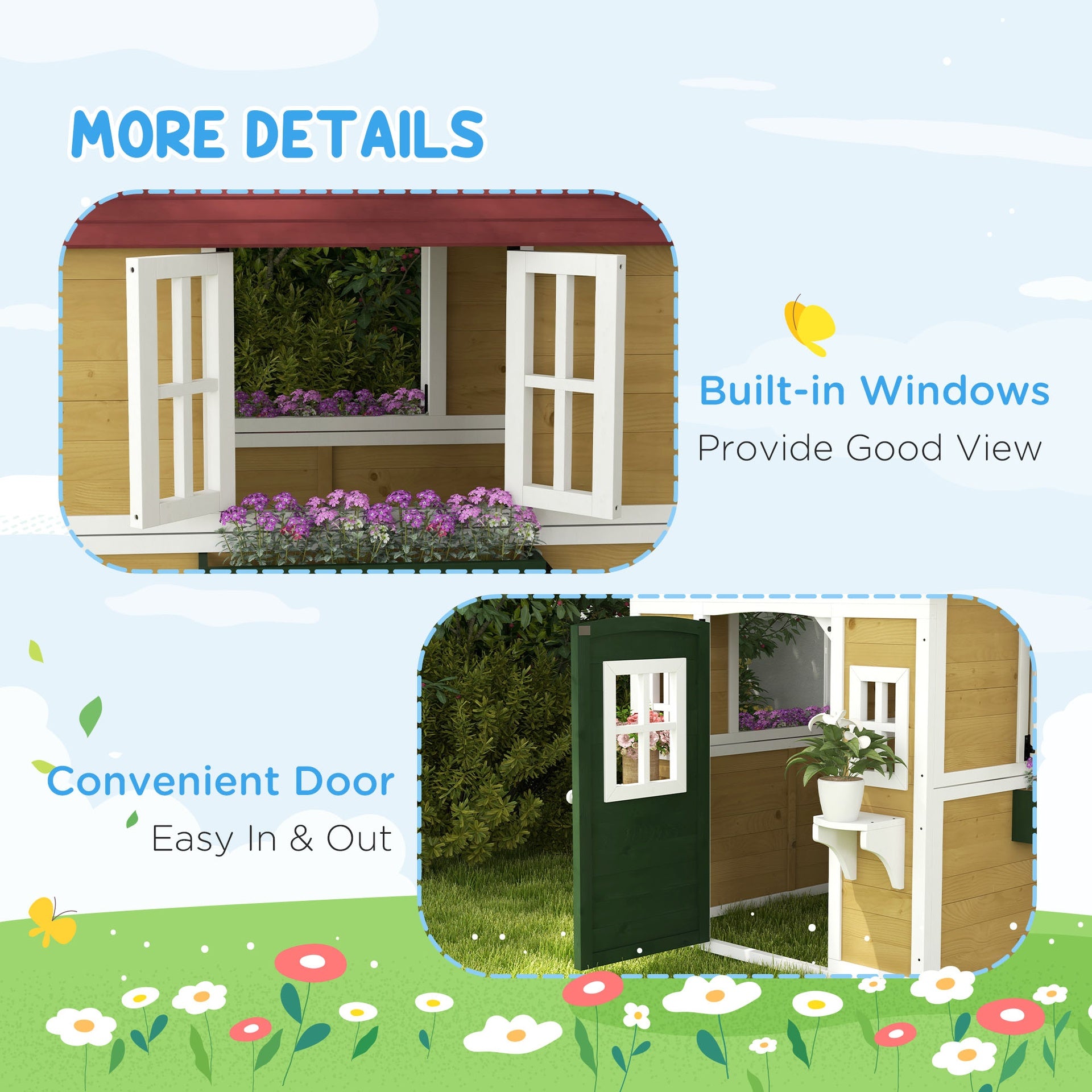 Outsunny Wooden Playhouse for Kids Outdoor with Doors, Windows, Planter Pots and Boxes for Toddlers 3-8 Years, Beige