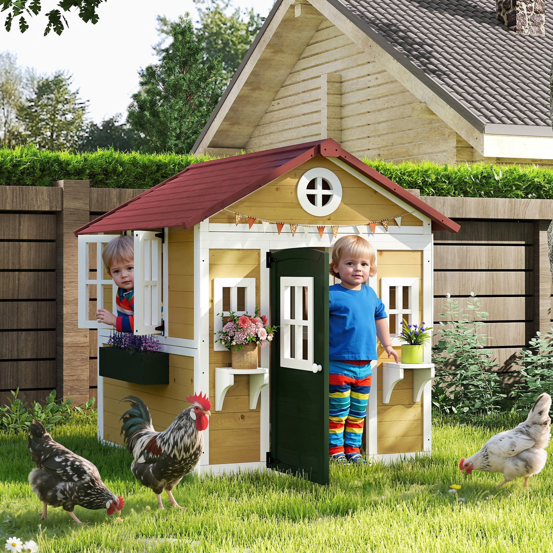 Outsunny Wooden Playhouse for Kids Outdoor with Doors, Windows, Planter Pots and Boxes for Toddlers 3-8 Years, Beige